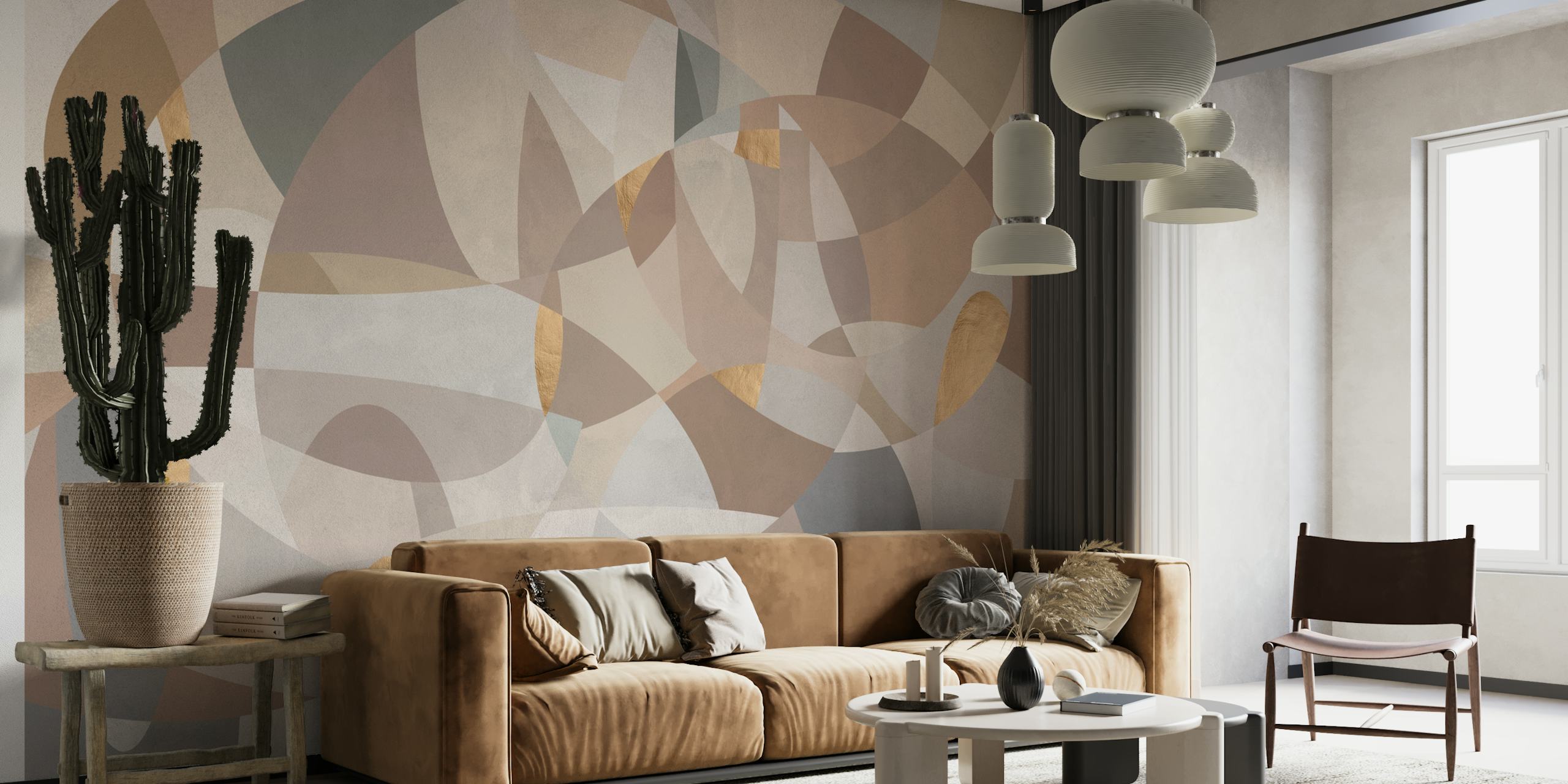Beige and gray geometric shapes with gold accents wallpaper