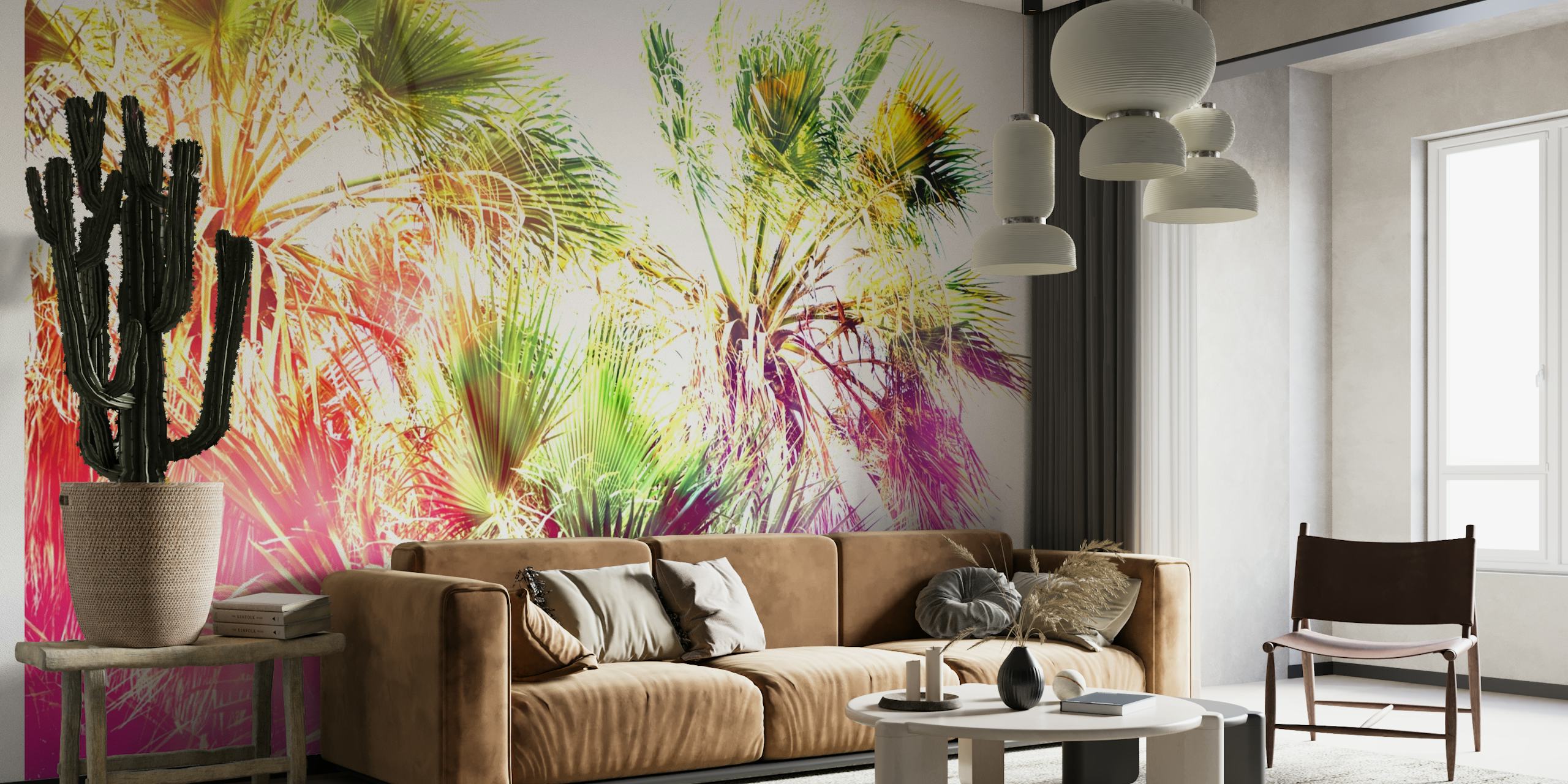 Abstrakcyjna pastelowa fototapeta z liśćmi palmowymi zapewniająca spokojną atmosferę w domu