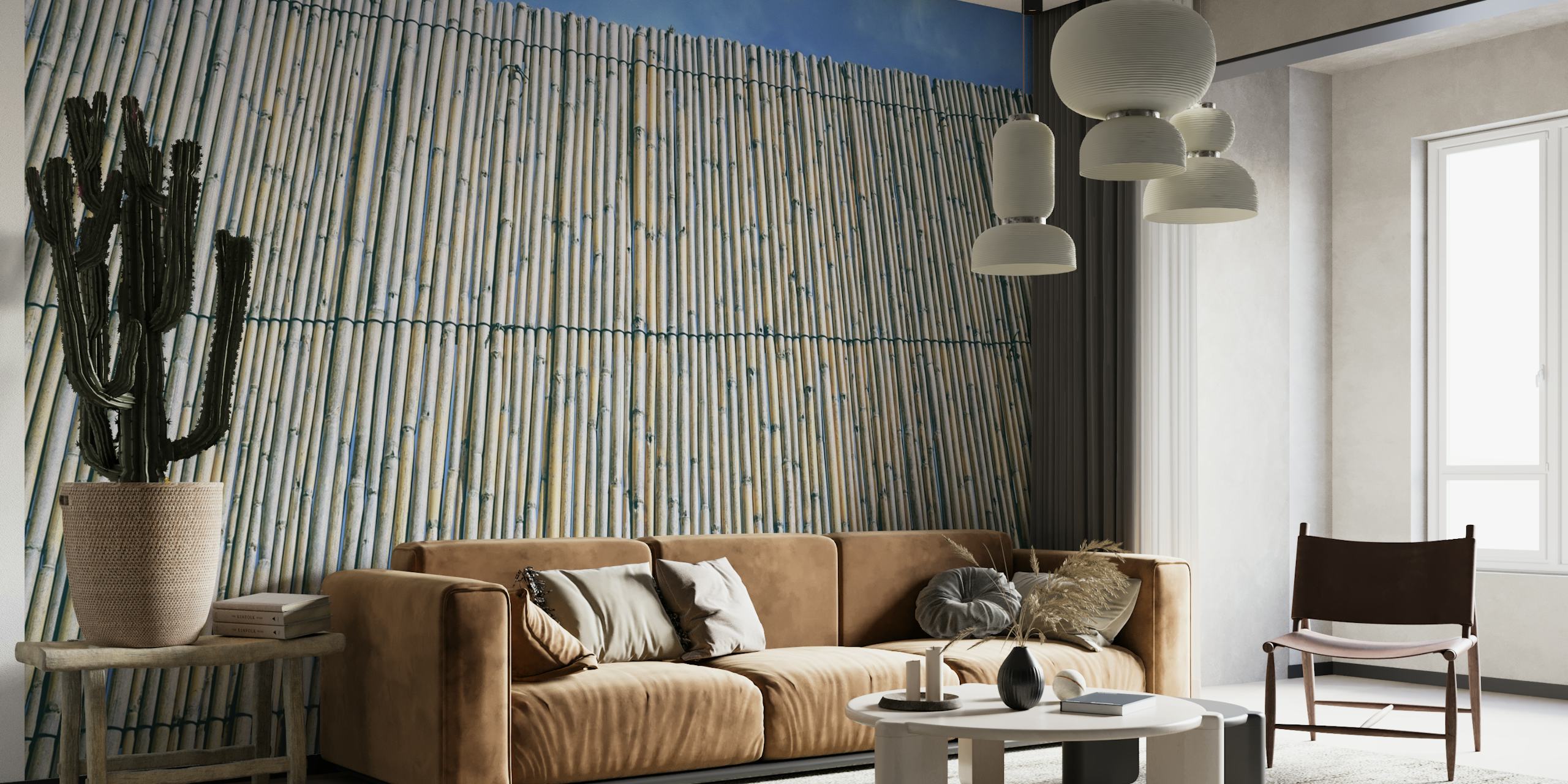 Mural de pared de bambú desgastado que muestra patrones de bambú texturizados para la decoración del hogar