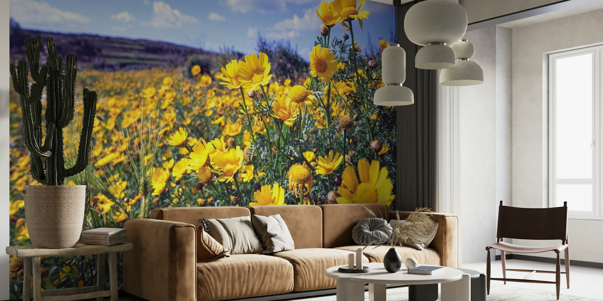 Zonovergoten Daisy Flower Fields-muurschildering met levendige gele madeliefjes tegen een helderblauwe lucht