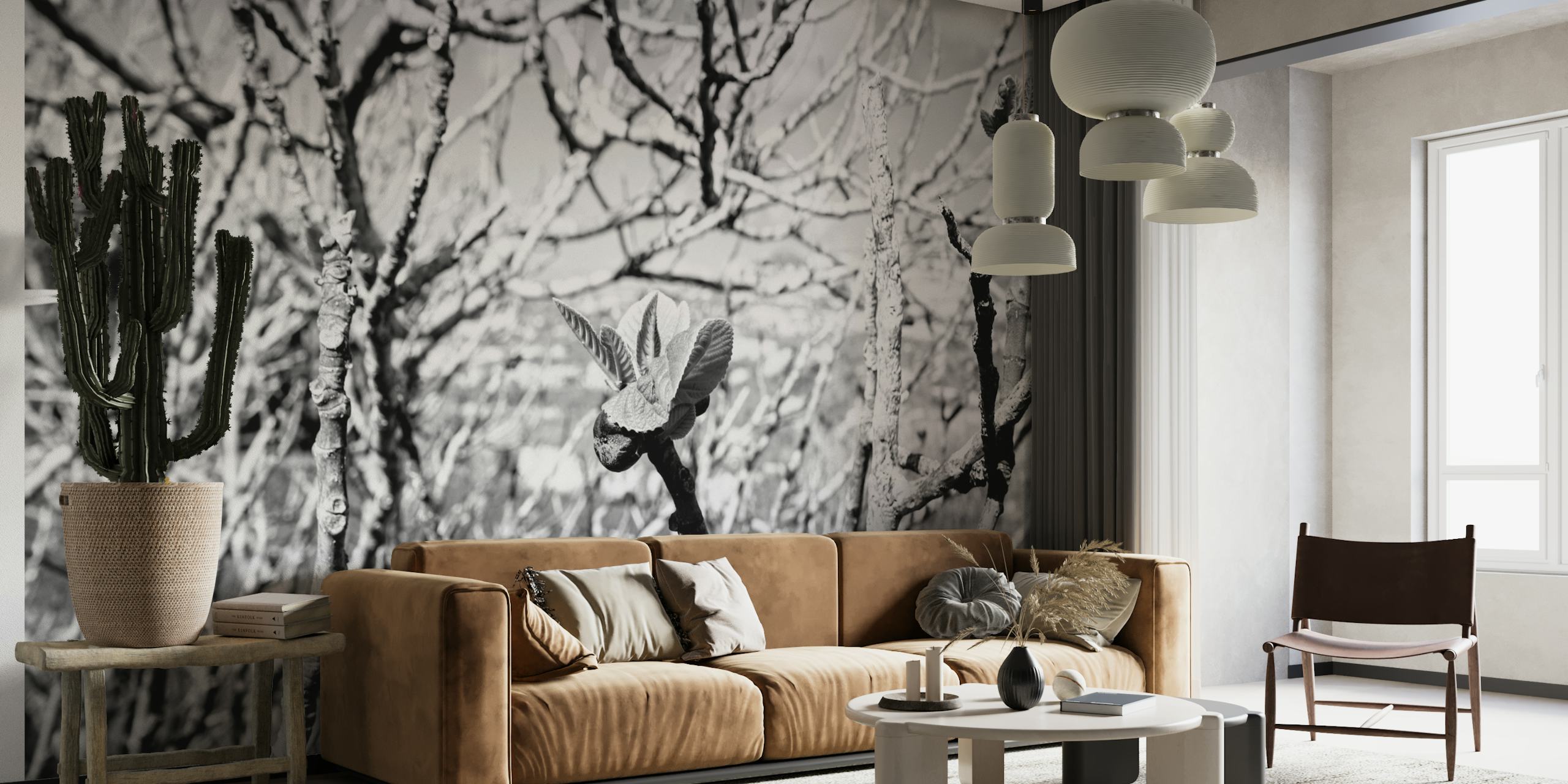 Black and white wall mural featuring the detailed branches of an old fig tree