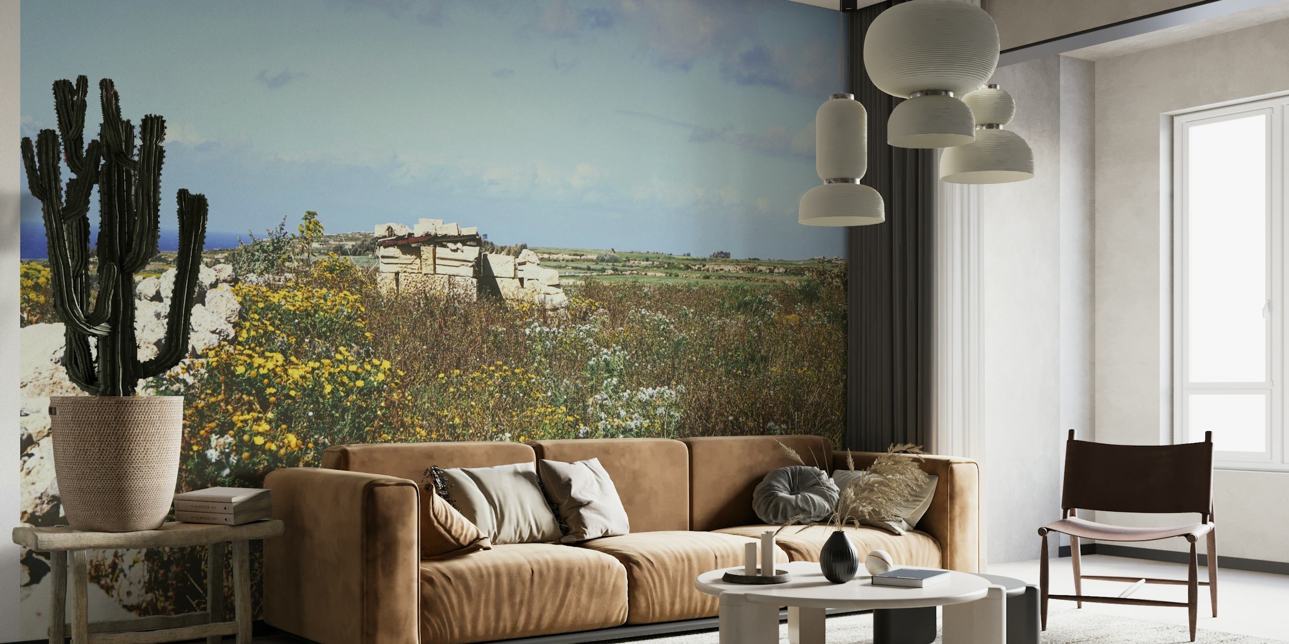 A picturesque wall mural of a flower field with a house in the distance under a clear sky.