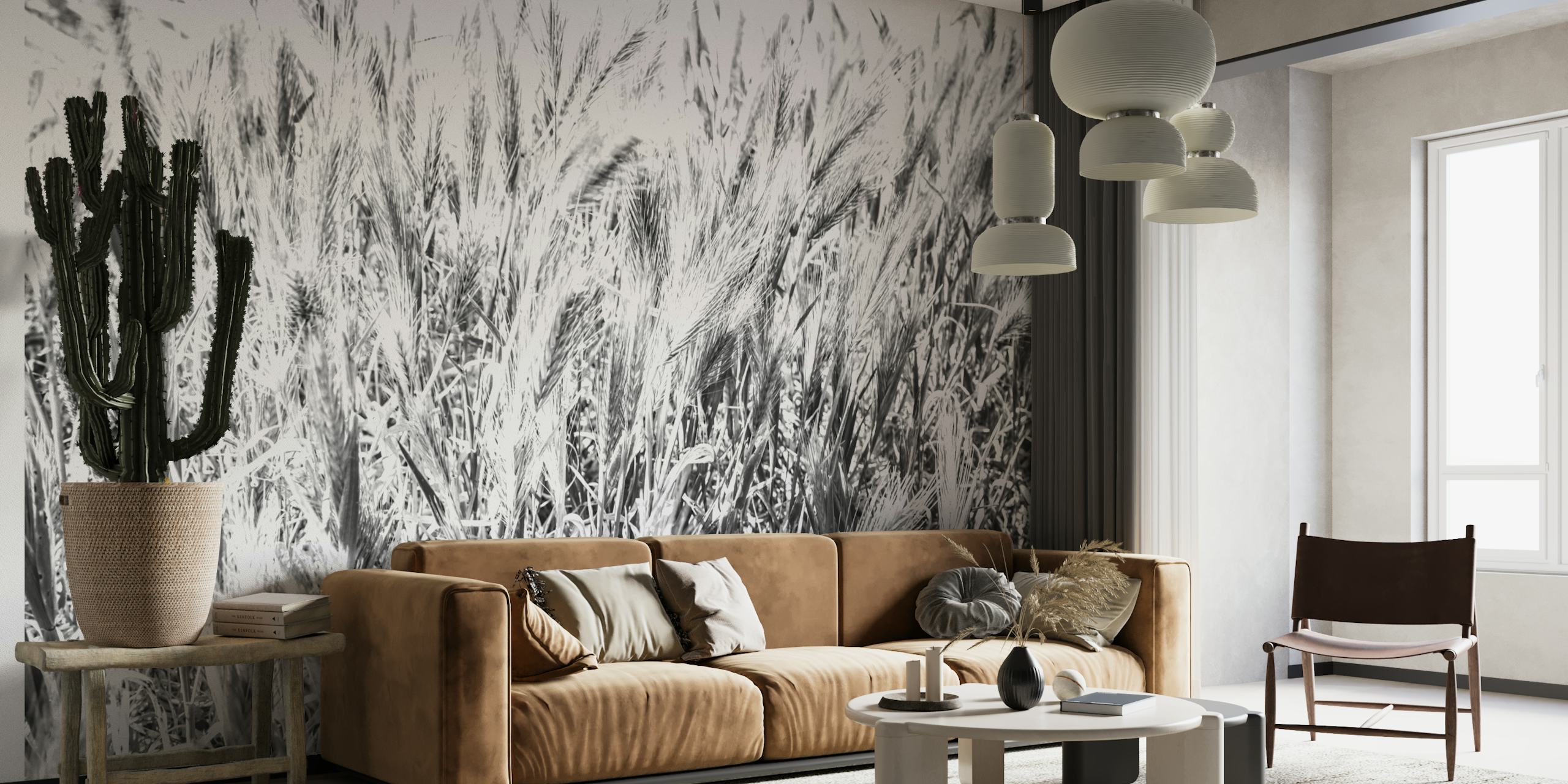 Black and white wall mural of a sunny grass field