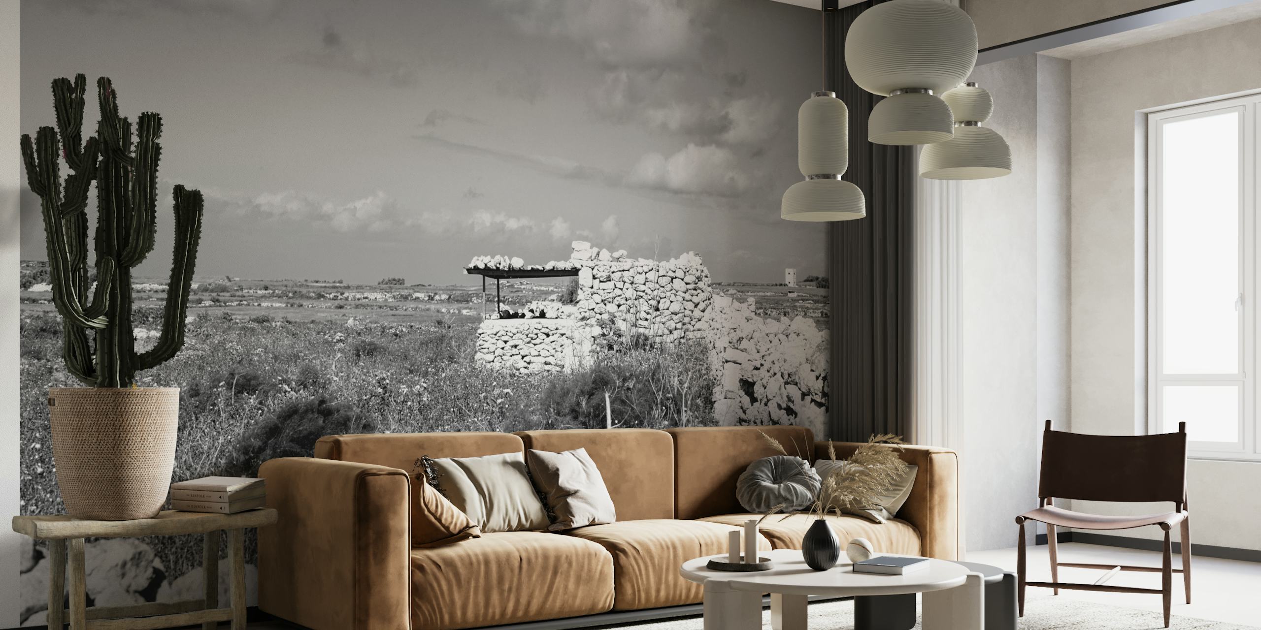 Sort/hvid vægmaleri af et lille, isoleret hjem midt i et naturligt landskab