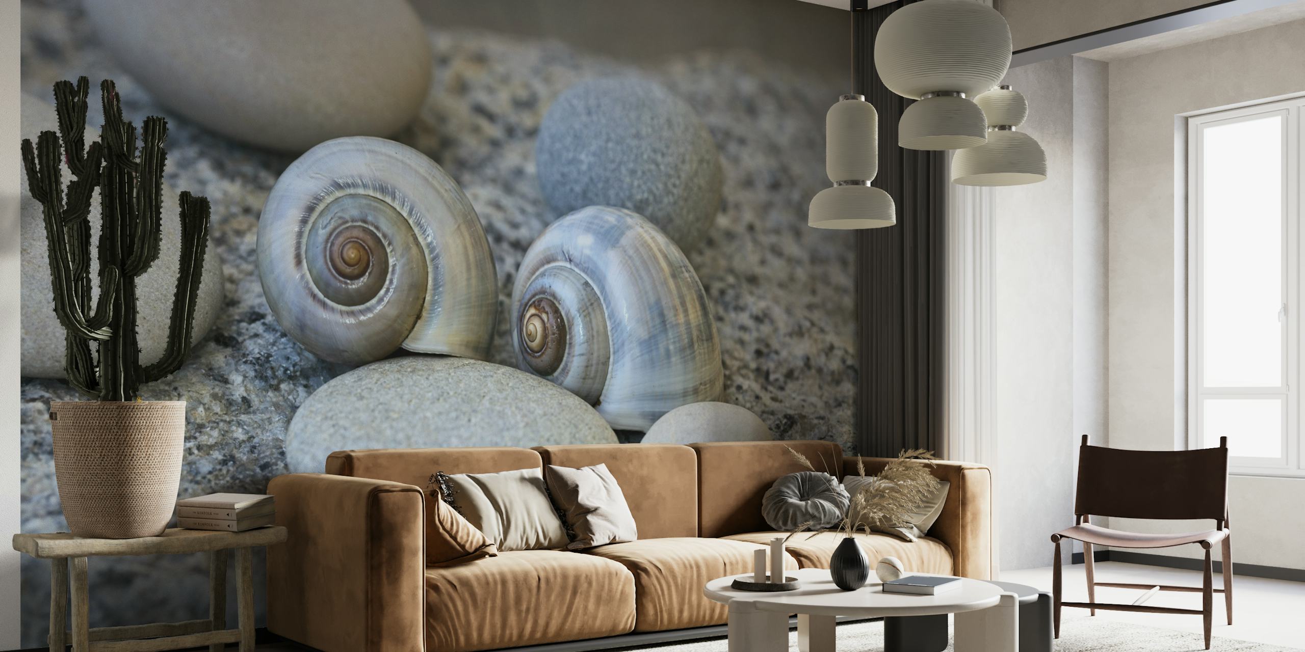 Zen pebble and shell still life wall mural depicting a calm, balanced arrangement.