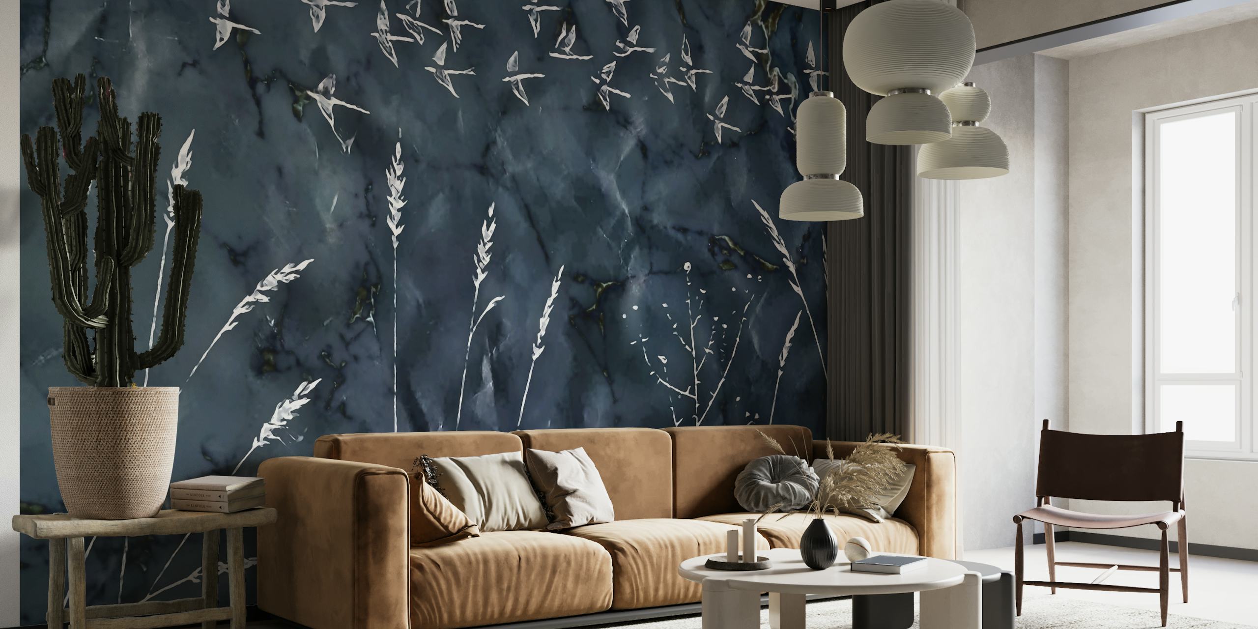 A wall mural featuring silhouettes of birds in flight over a marbled dark background with plant outlines.