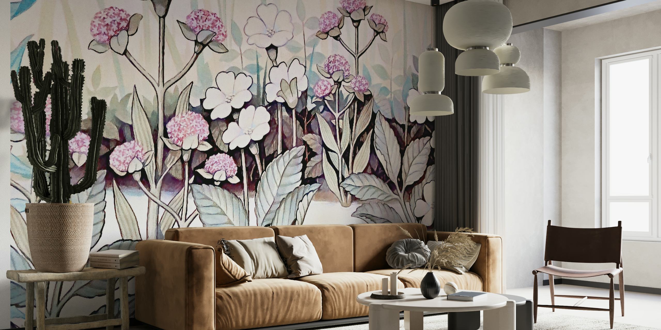 Watercolor wall mural with a frog and floral design