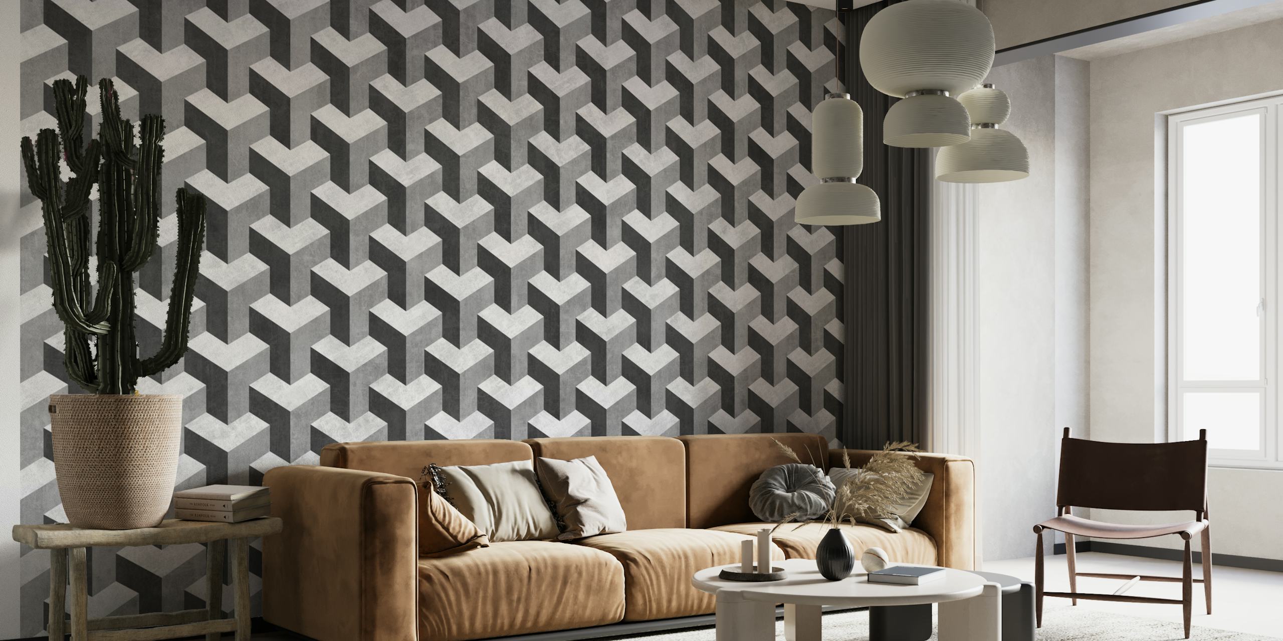 Interlocking Cubes wall mural with 3D geometric black and white pattern