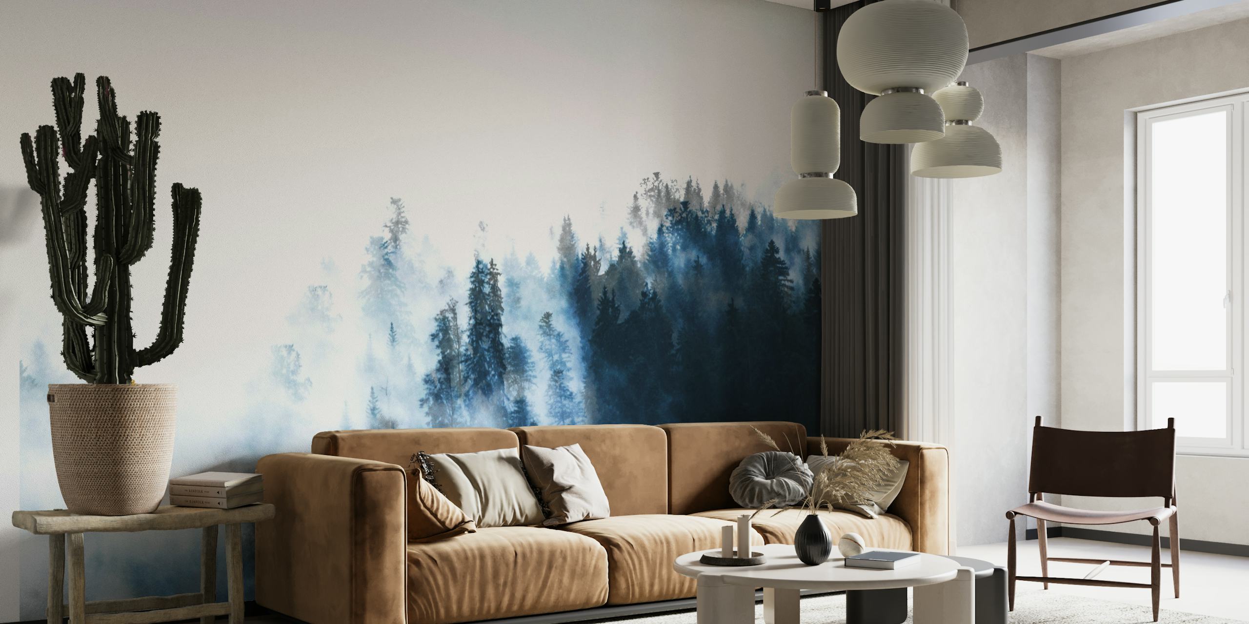 Foggy forest with mountain mist wall mural for a calming ambience