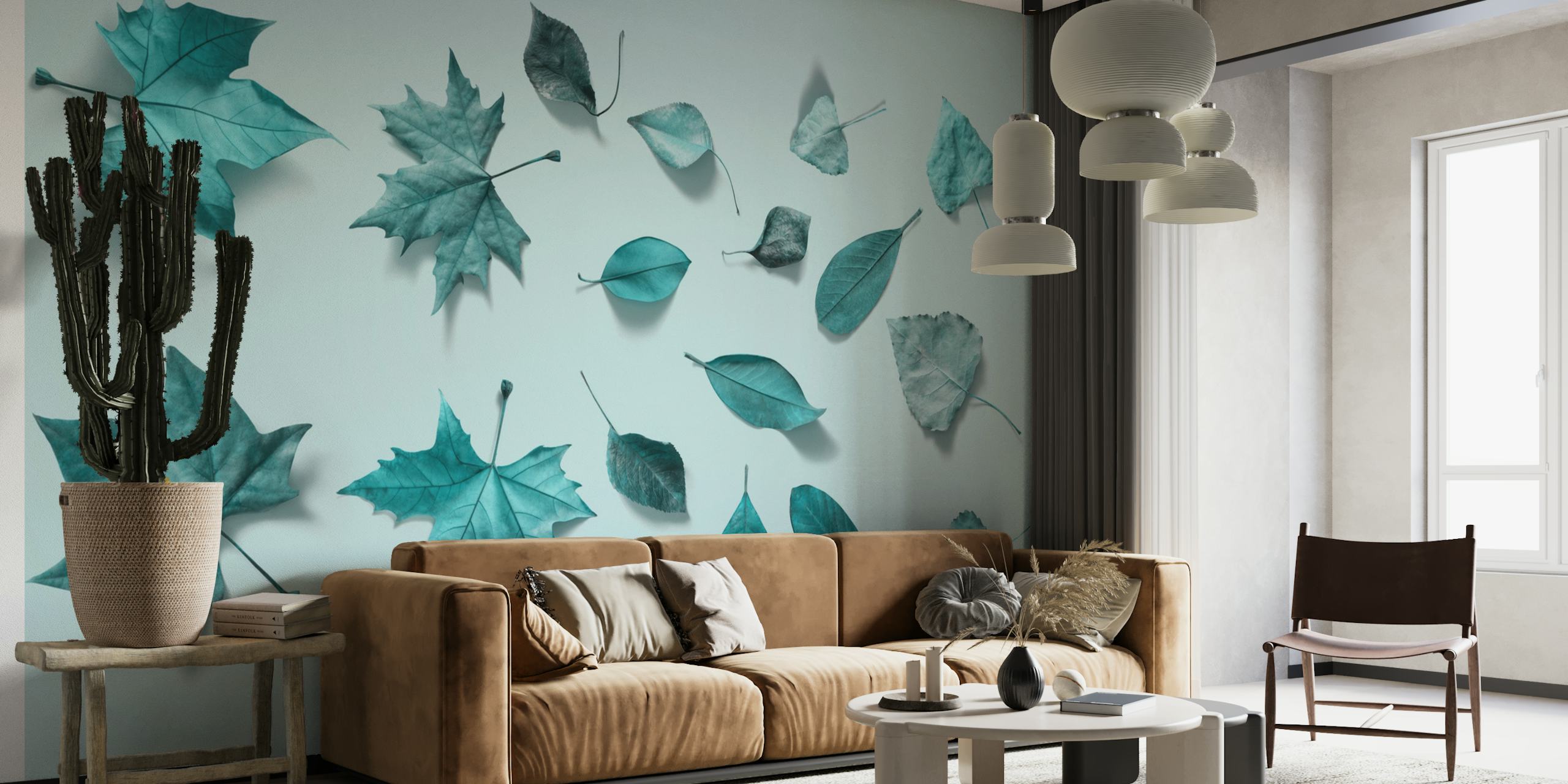 Light turquoise leaf wallpaper en una habitación