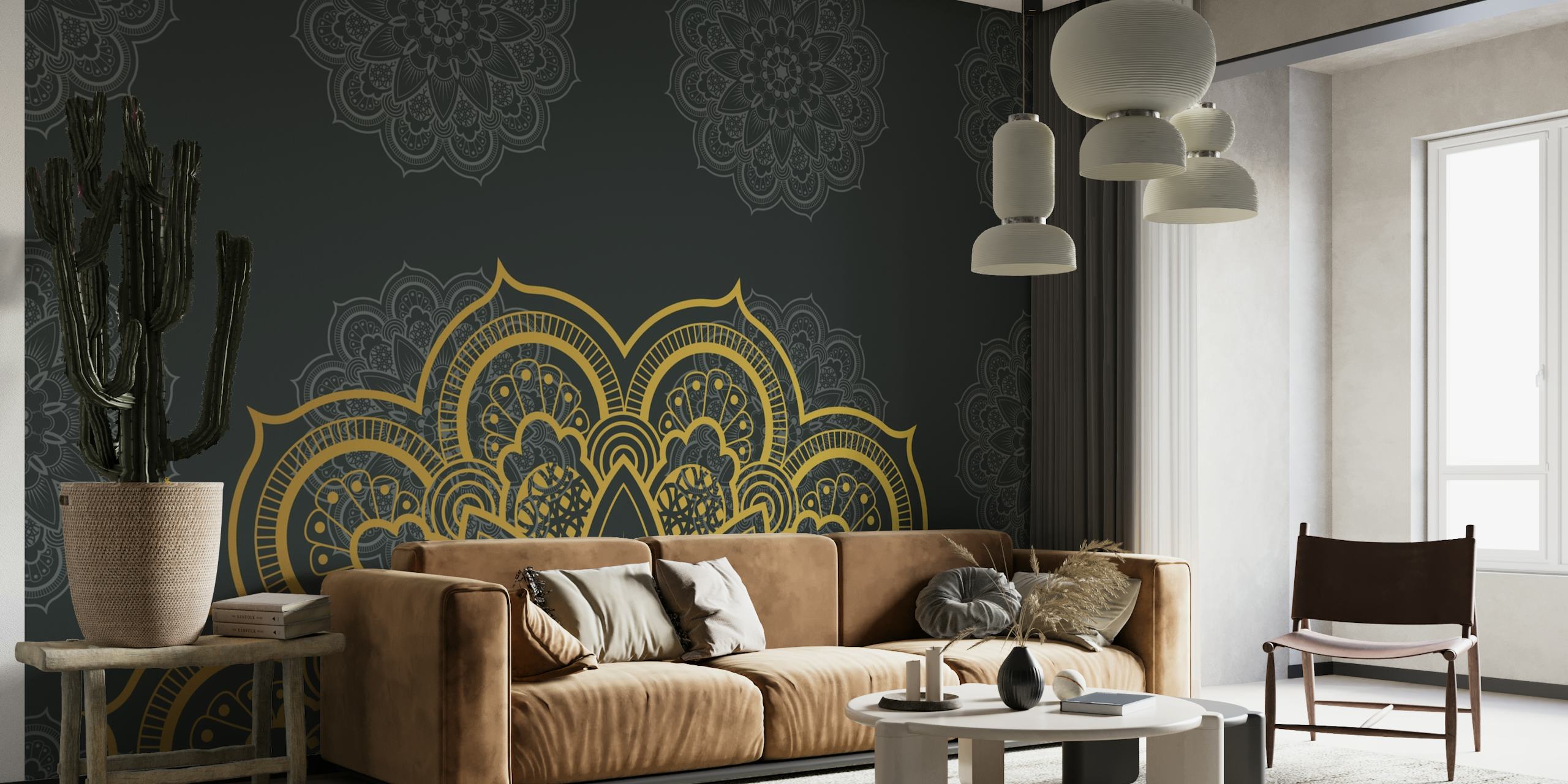 Boho Queen Gold-vægmaleri med indviklede mandala-design og glitrende guldaccenter