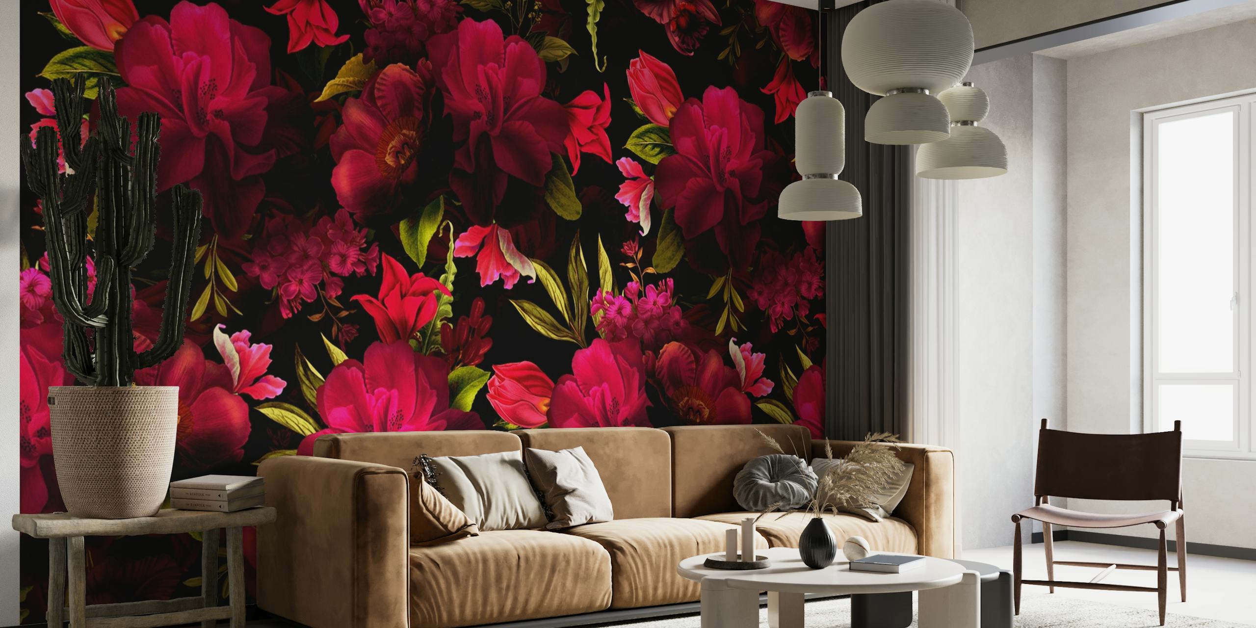 Baroque style wall mural with blooming red roses on a dark background evoking a night garden scene.