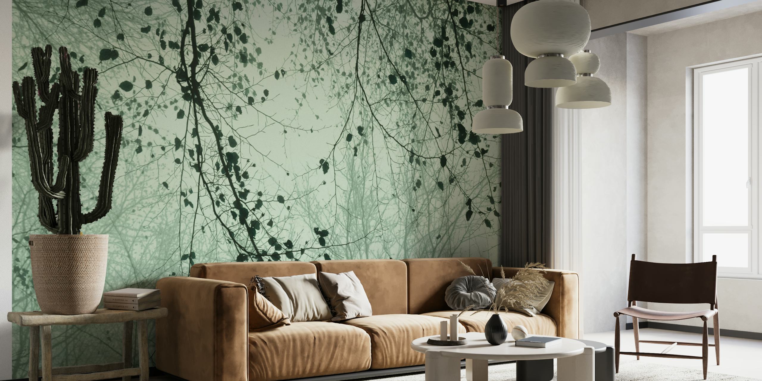 Sage Colored Wallpaper featuring Leaves and Branches