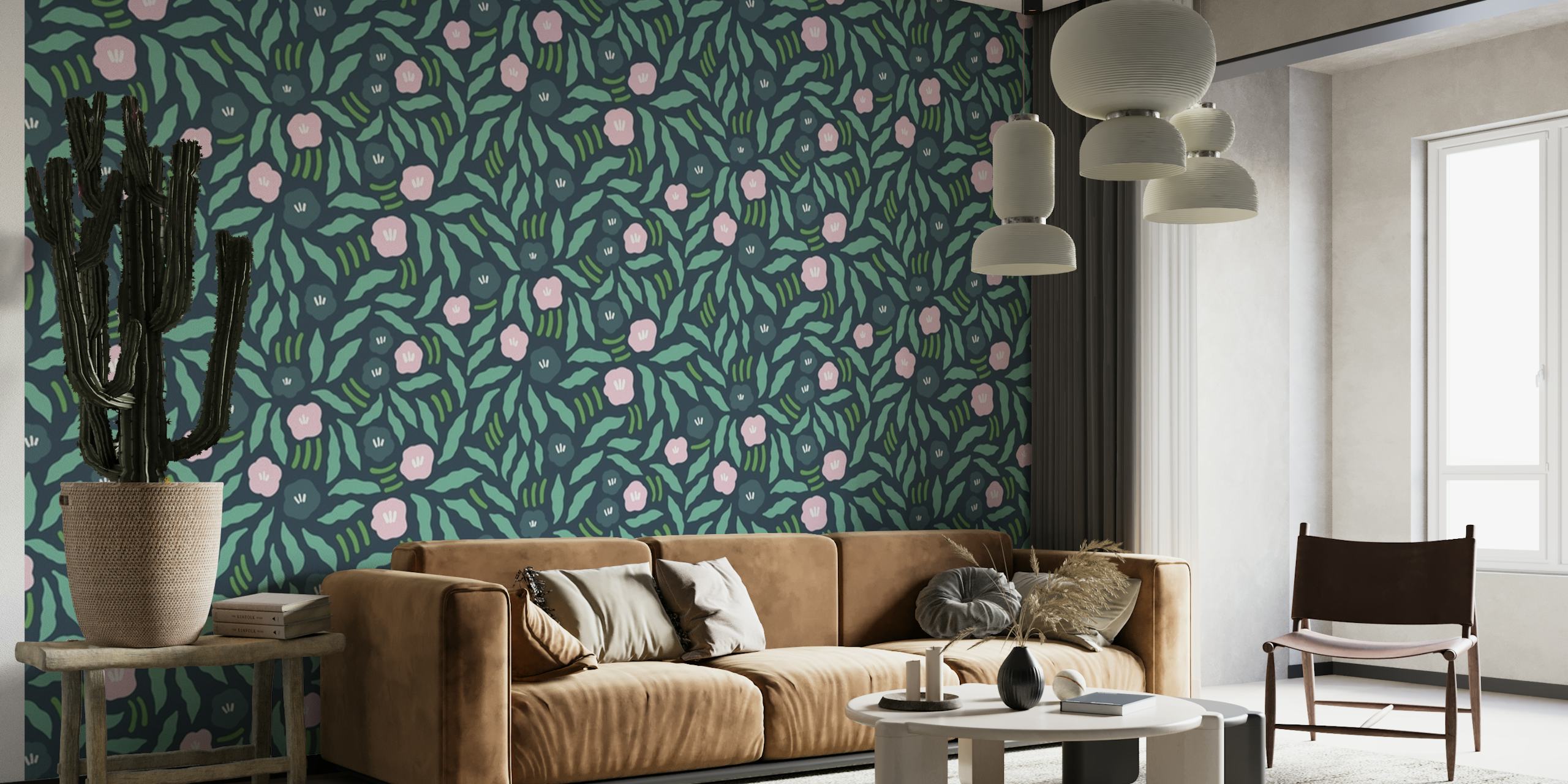 Jungle green wallpaper with pink flowers