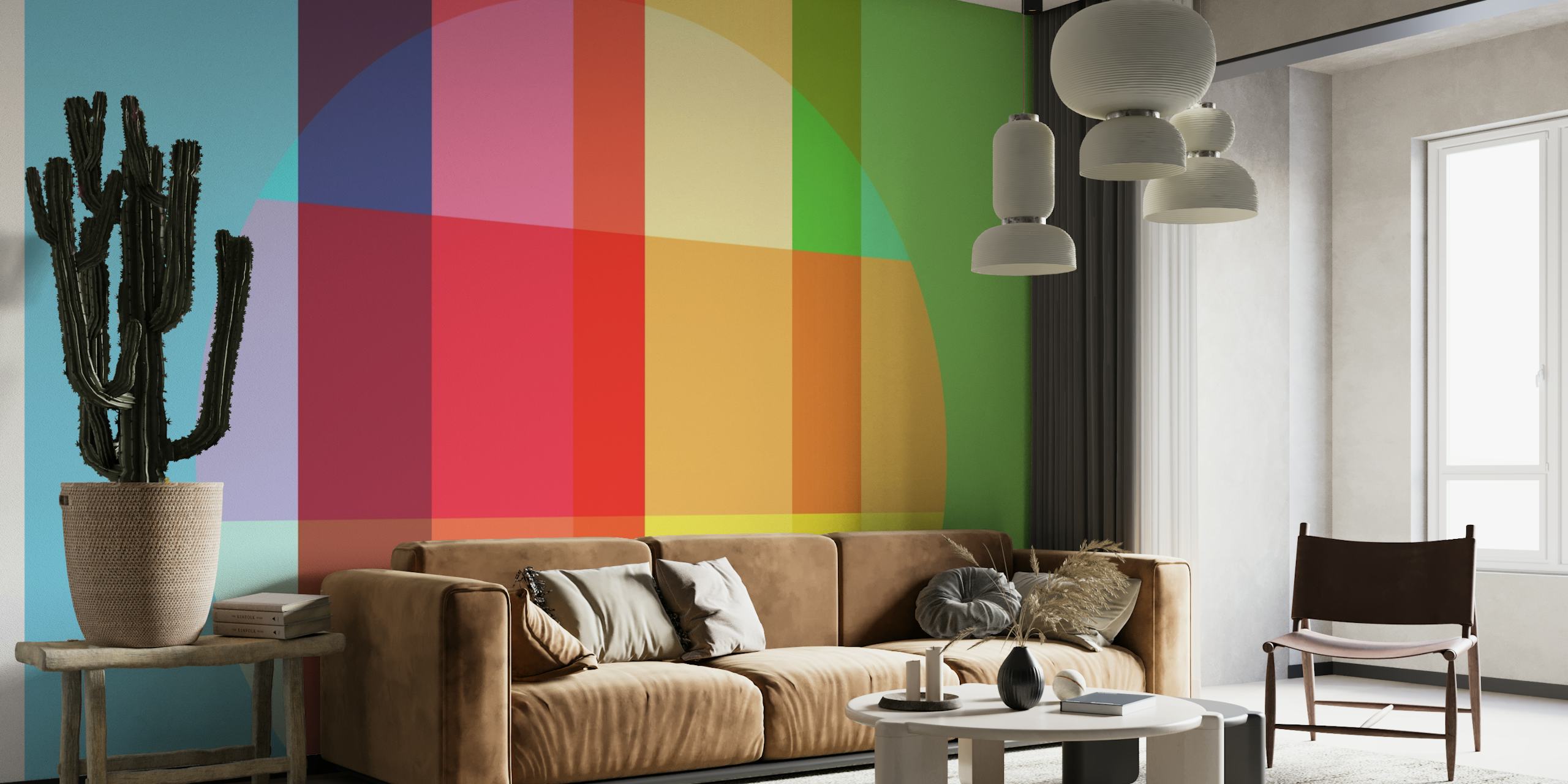 Farverigt geometrisk mosaikmønster vægmaleri