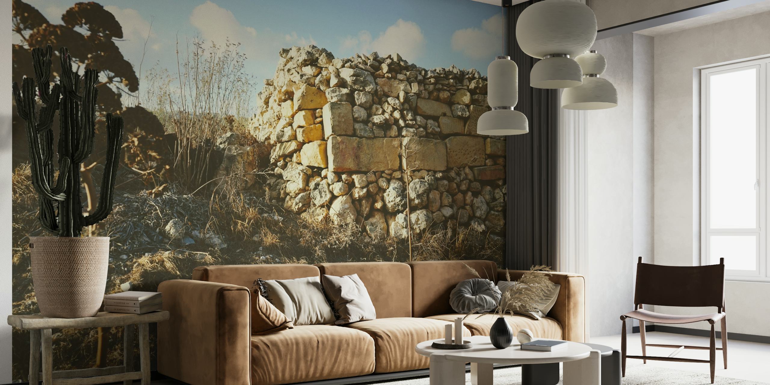Sunset casting warm light over stone ruins wall mural