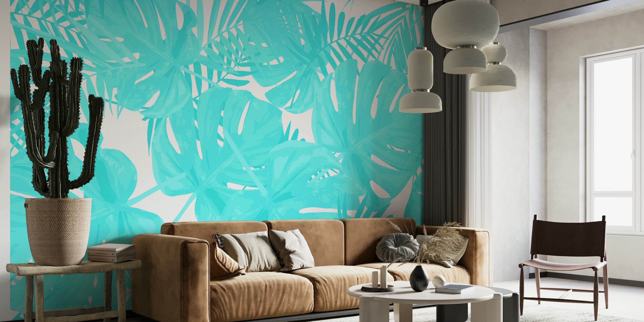 Papel de parede Bright Turquoise Monstera em um quarto