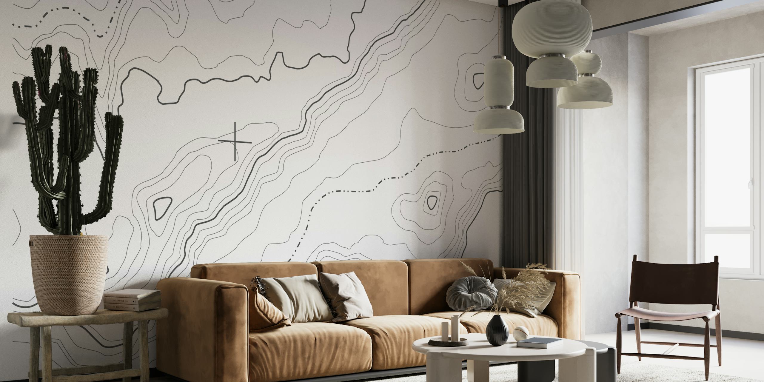 Close-up view of intricate White Topographic Map Wallpaper portraying mountain and ocean terrains
