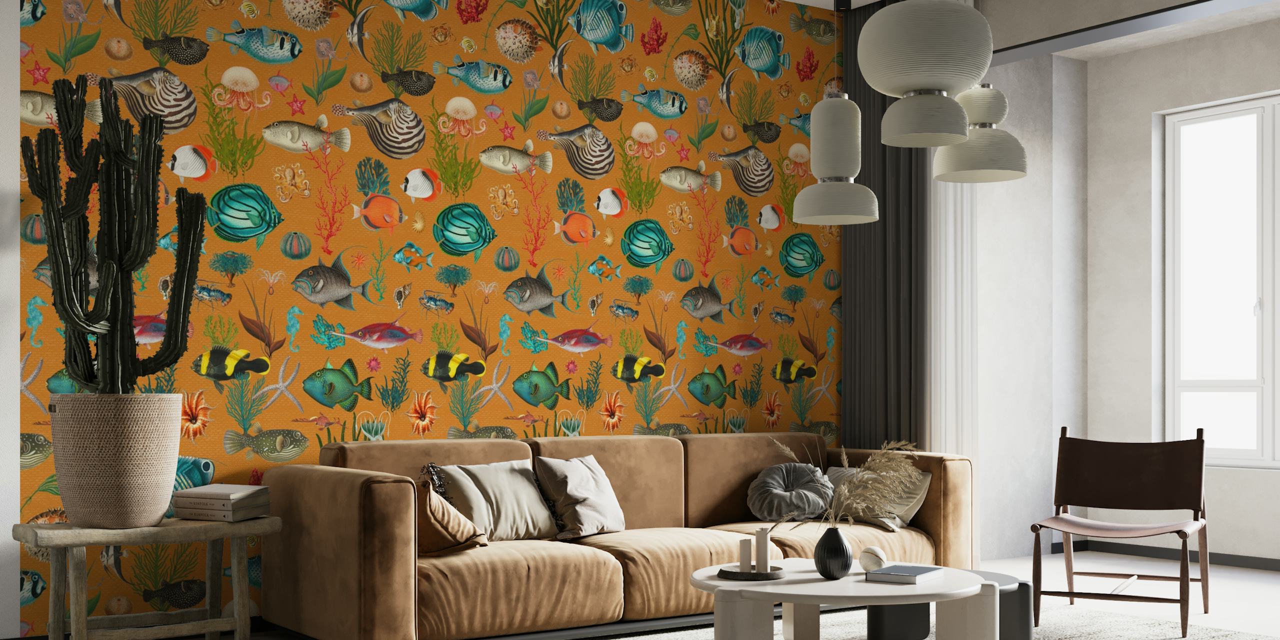 Oceania in orange wall mural with tropical fish and sea life