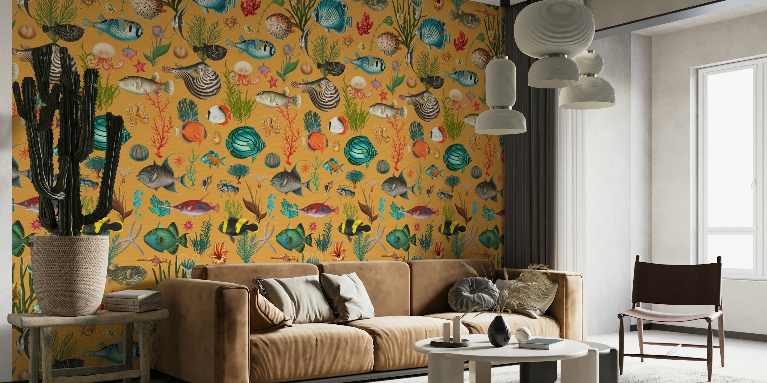 Oceania themed wall mural with mustard yellow background, featuring sea turtles, coral, and tropical fish