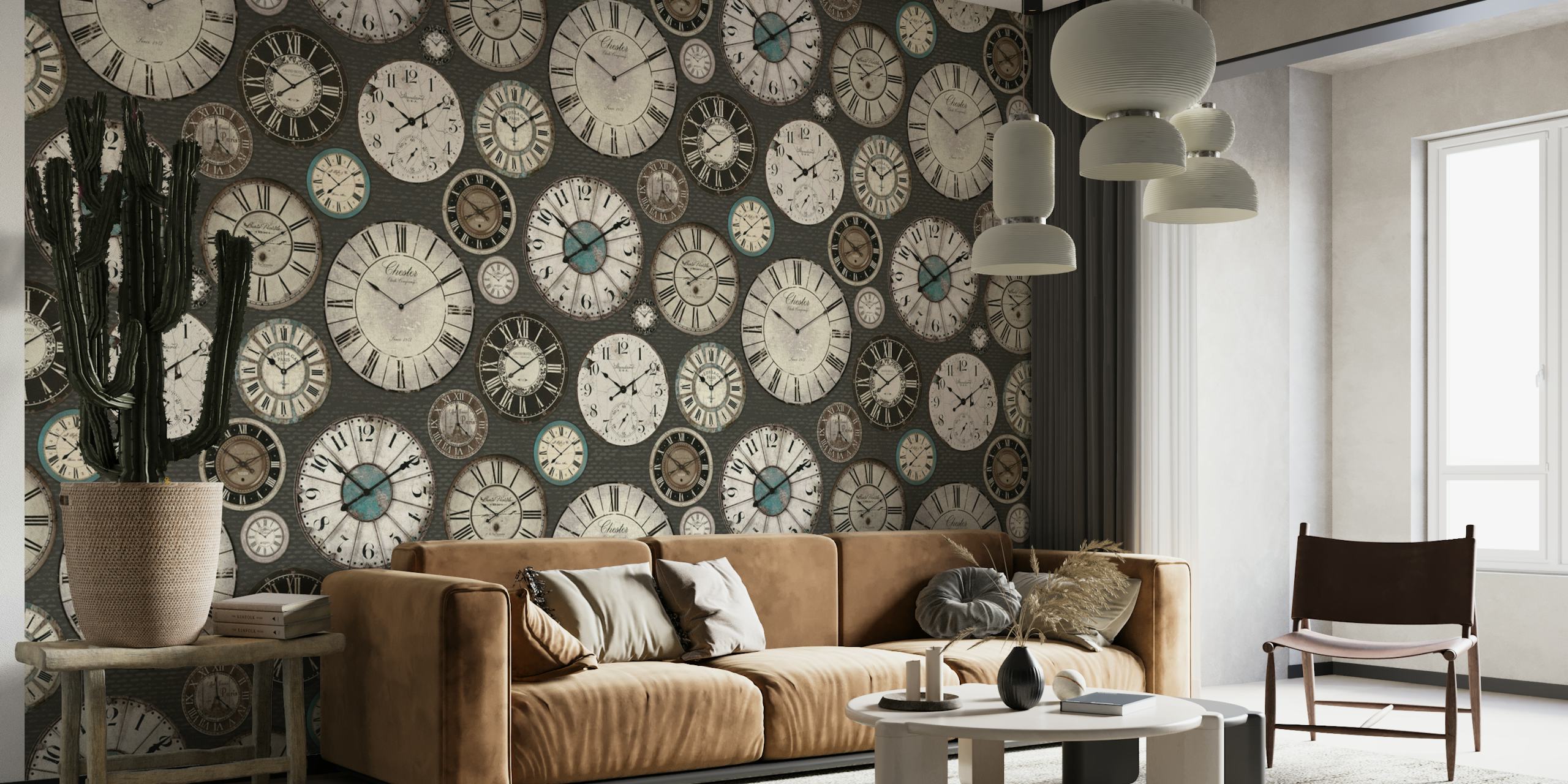 Vintage Clocks wall mural featuring grey, ivory, and blue clock designs for a classic decorative touch