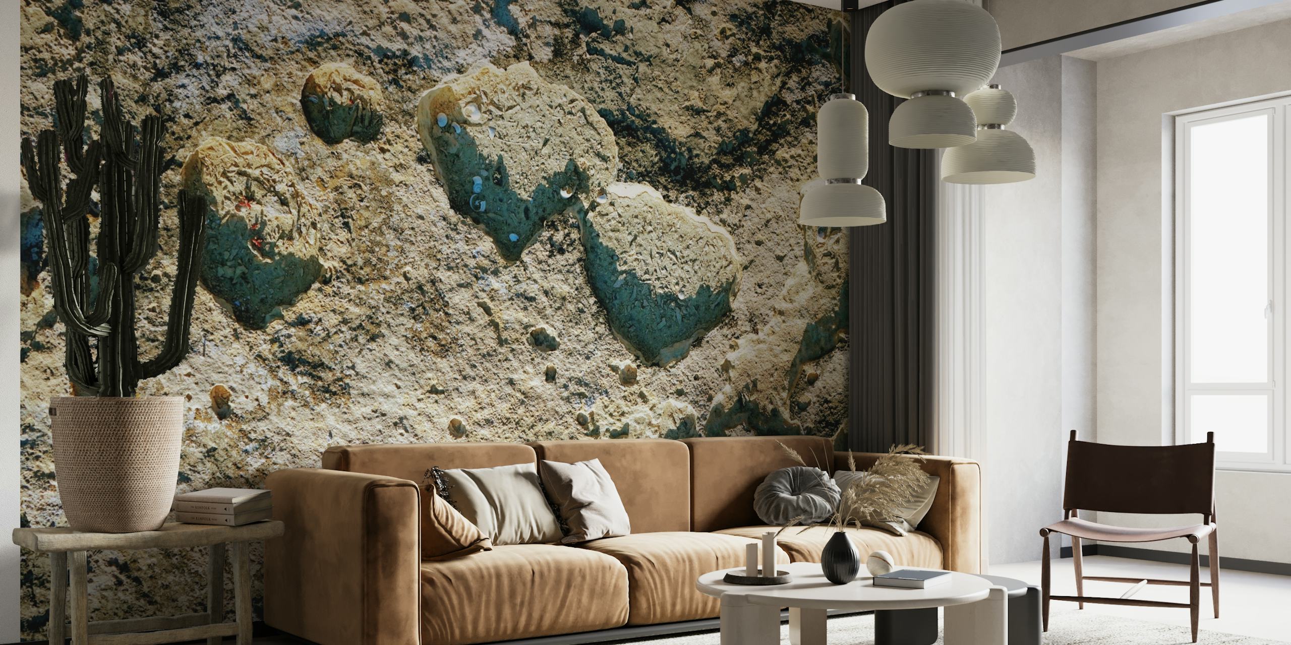 Beige Sunny Stone Wall mural with natural stone texture in warm earth tones