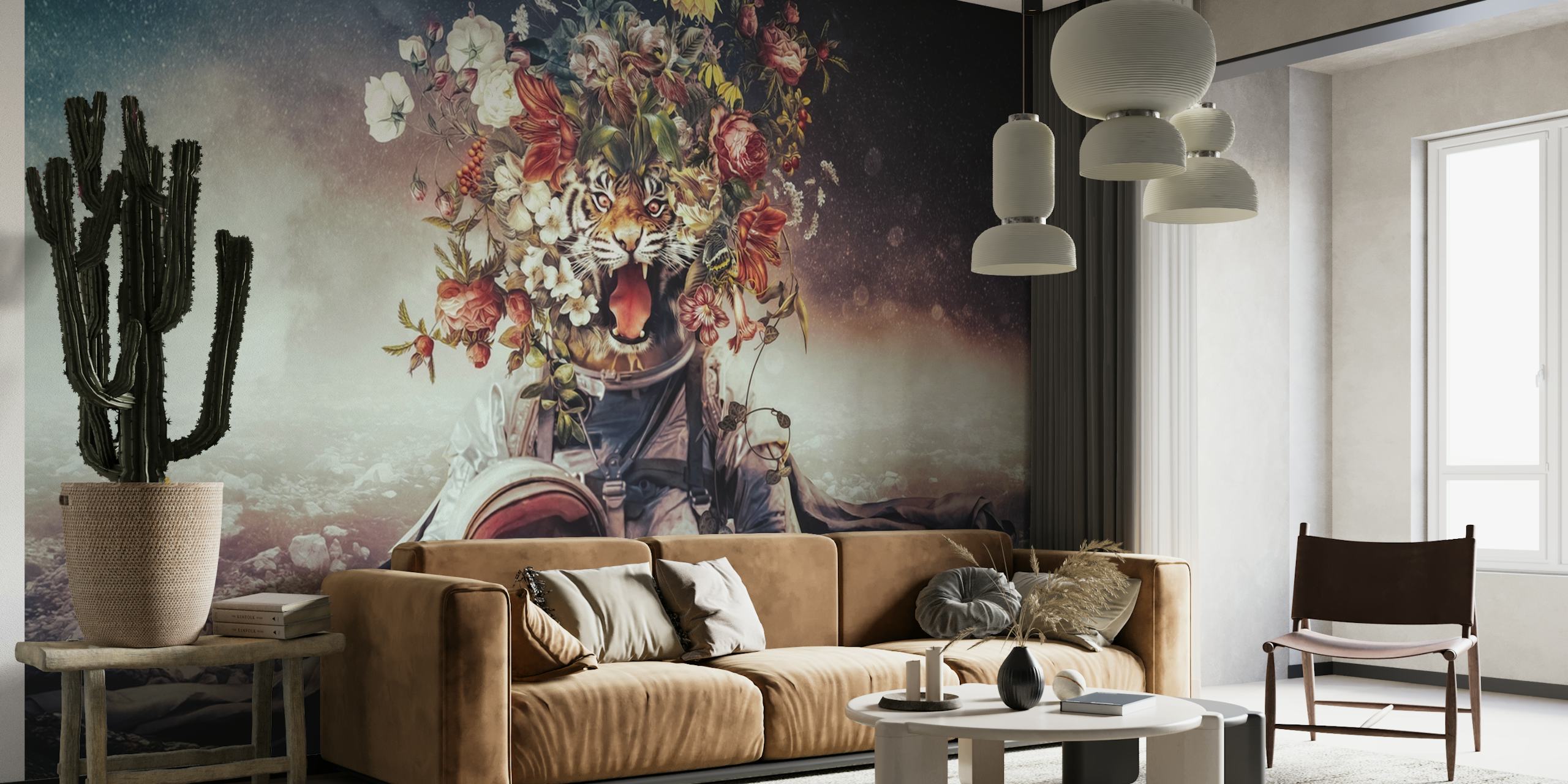 Katze in Astronautenkostüm mit Blumen