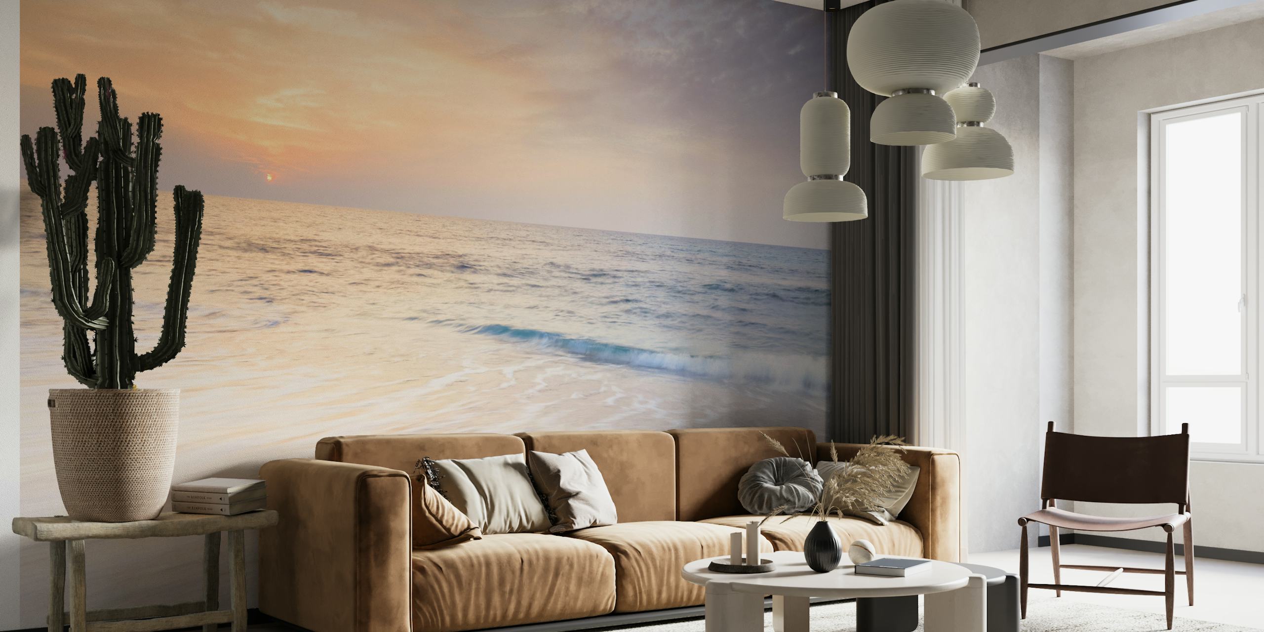 Seascape with sunset hues of orange and blue, peaceful beach wallpaper