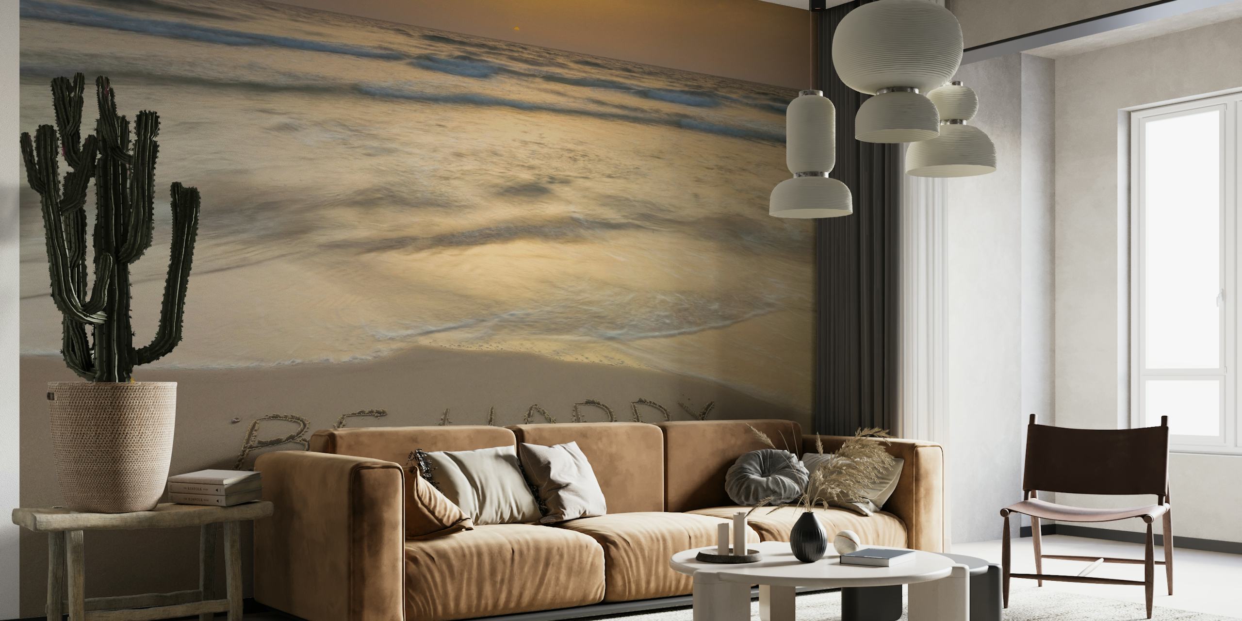 Tranquil beach scene with sand writing wall mural