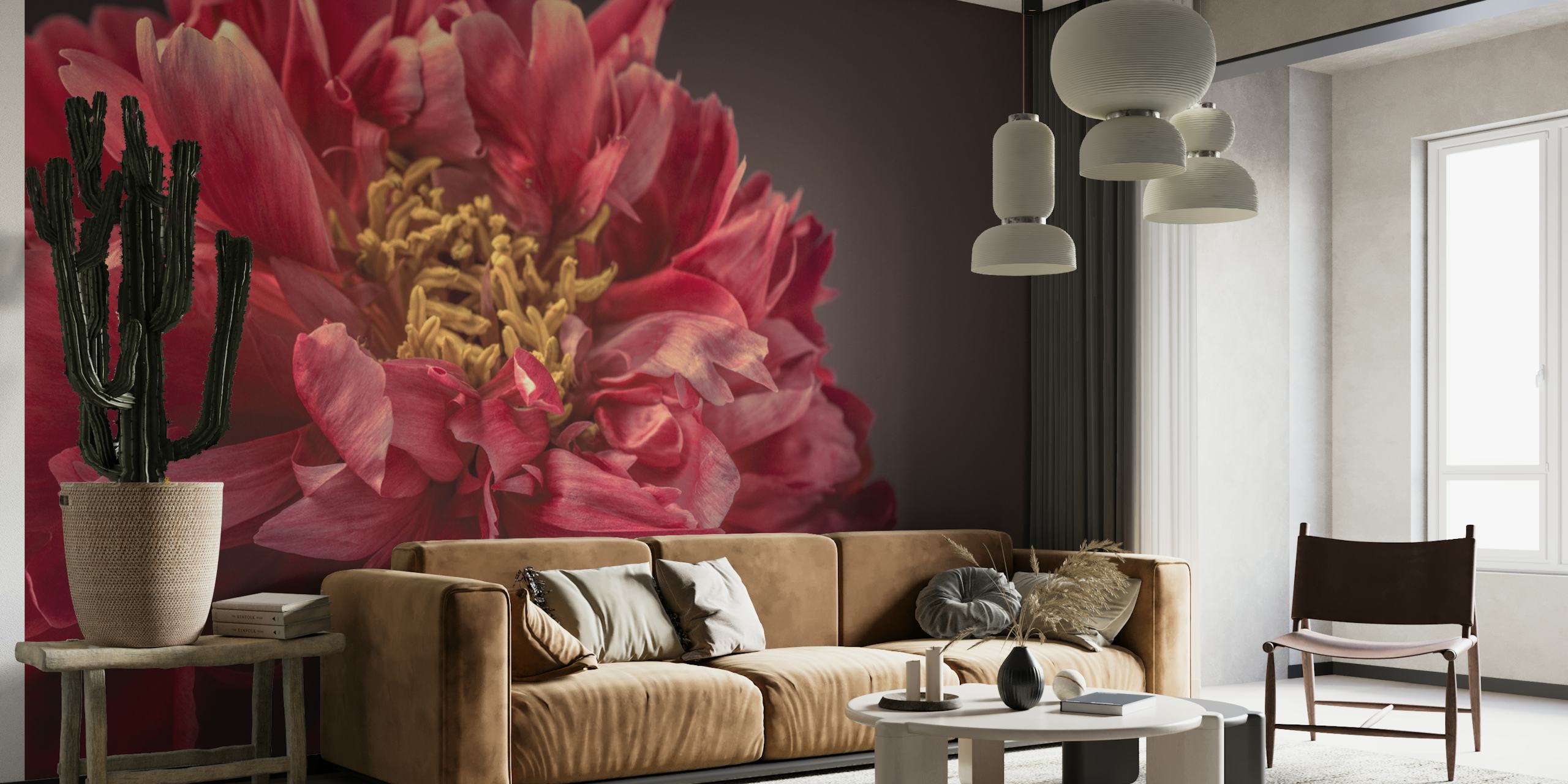 Red peony flower with intricate petals and yellow center wallpaper