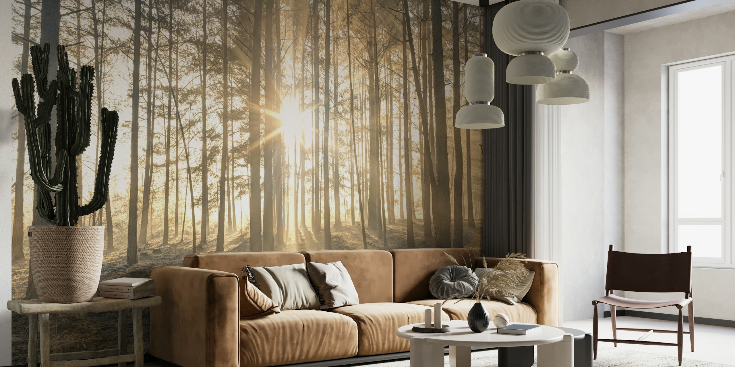 Misty forest with sunrays wallpaper in a room