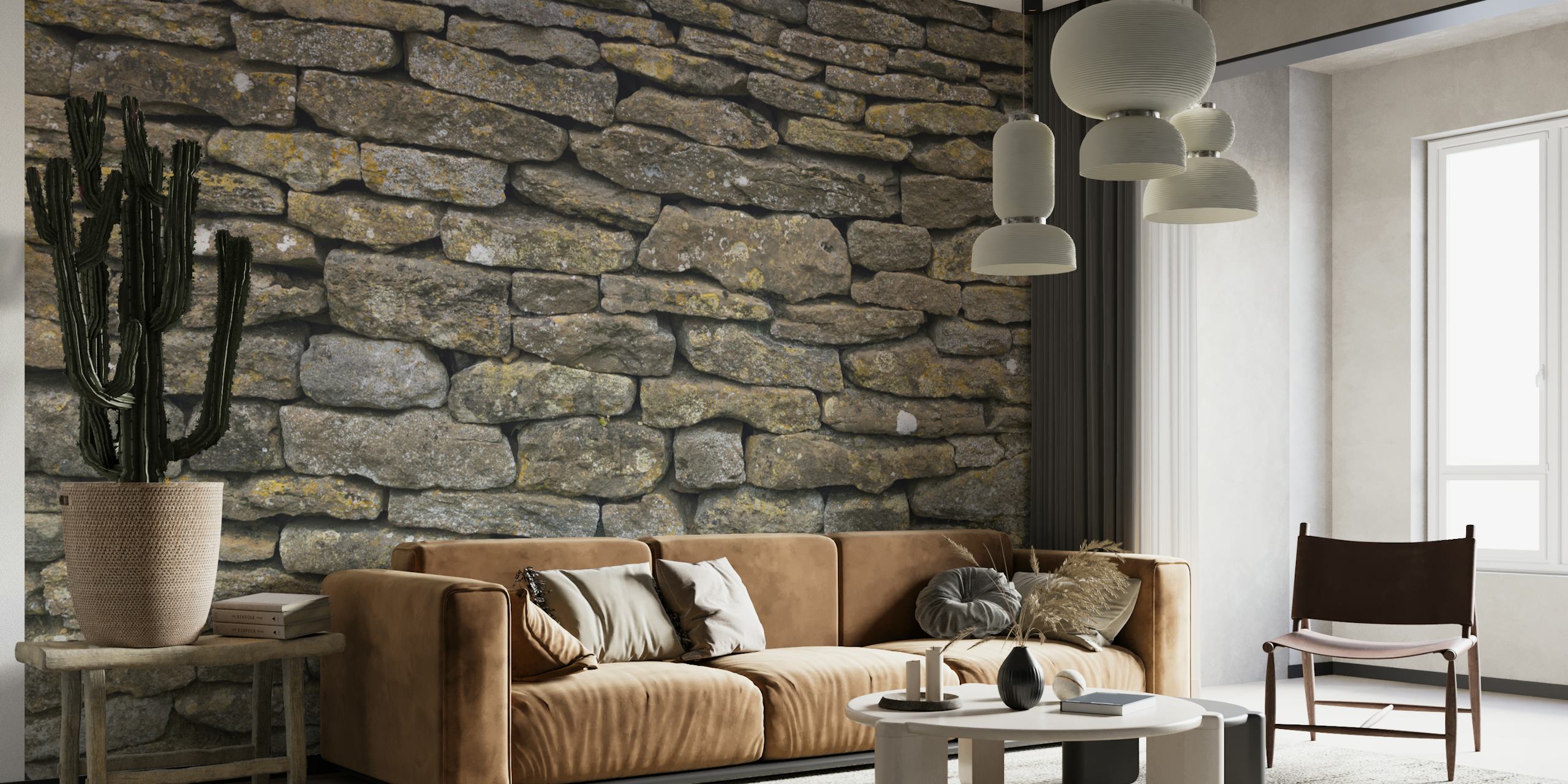 Textured stone wall wallpaper in gray and brown tones