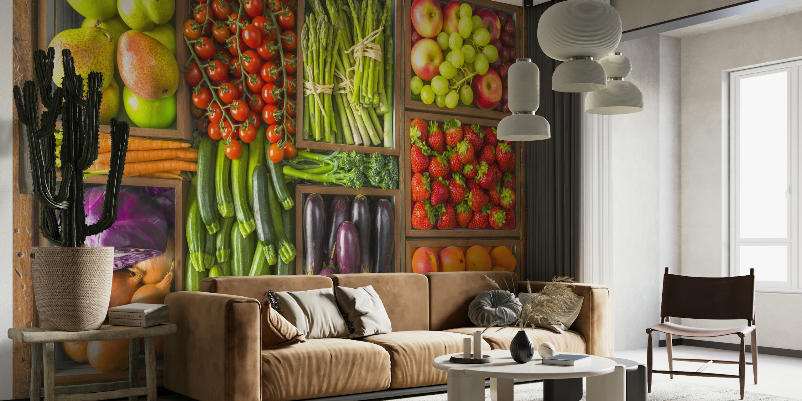 Fruit and vegetables in boxes behang