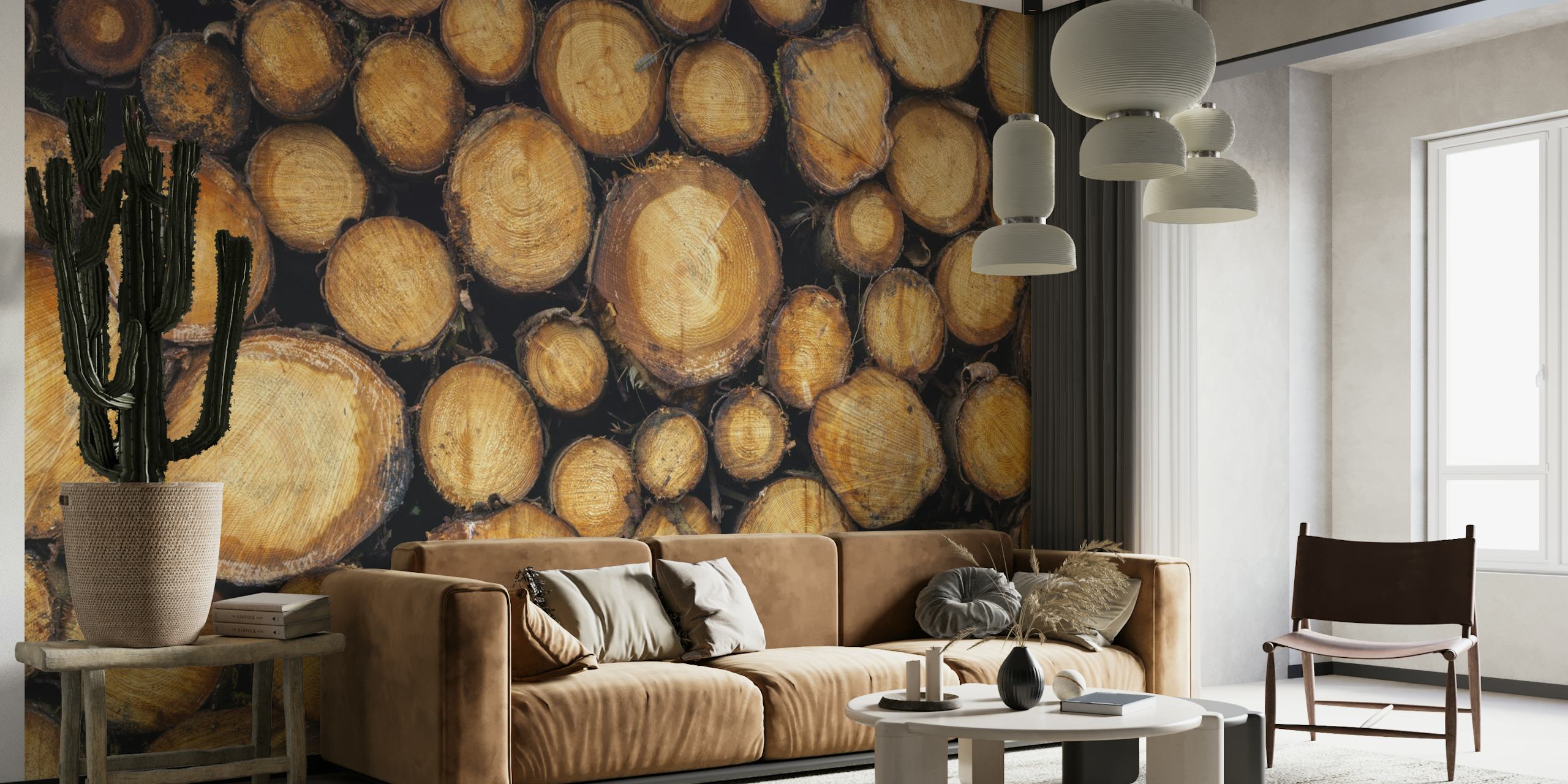 Nærbillede tekstur af stablede træstammer vægmaleri