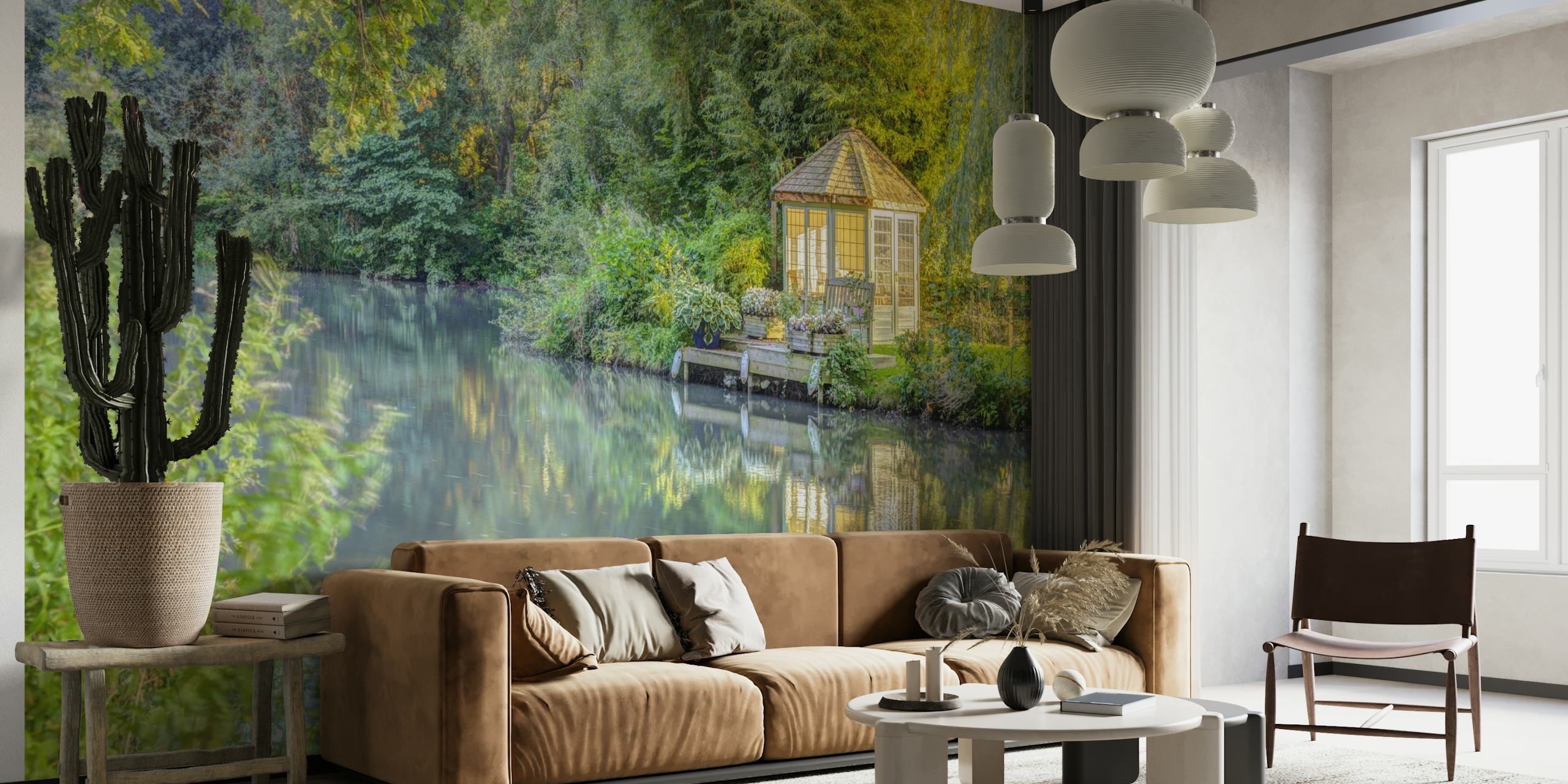 Malerisches Wandgemälde eines Pavillons am Basingstoke-Kanal mit grünem Laub und reflektierendem Wasser