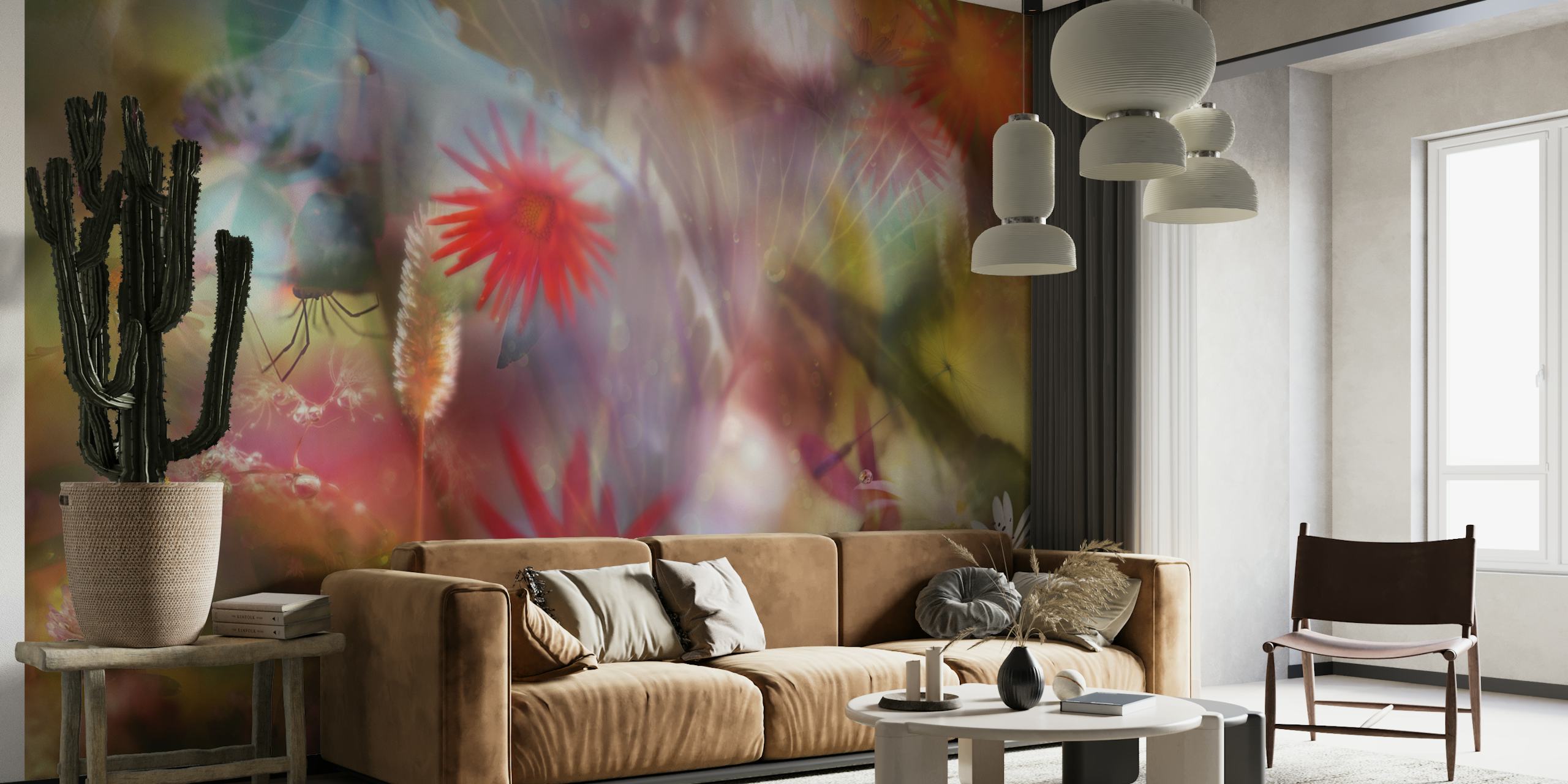 Colorful floral patterns with red, blue, and purple hues wallpaper