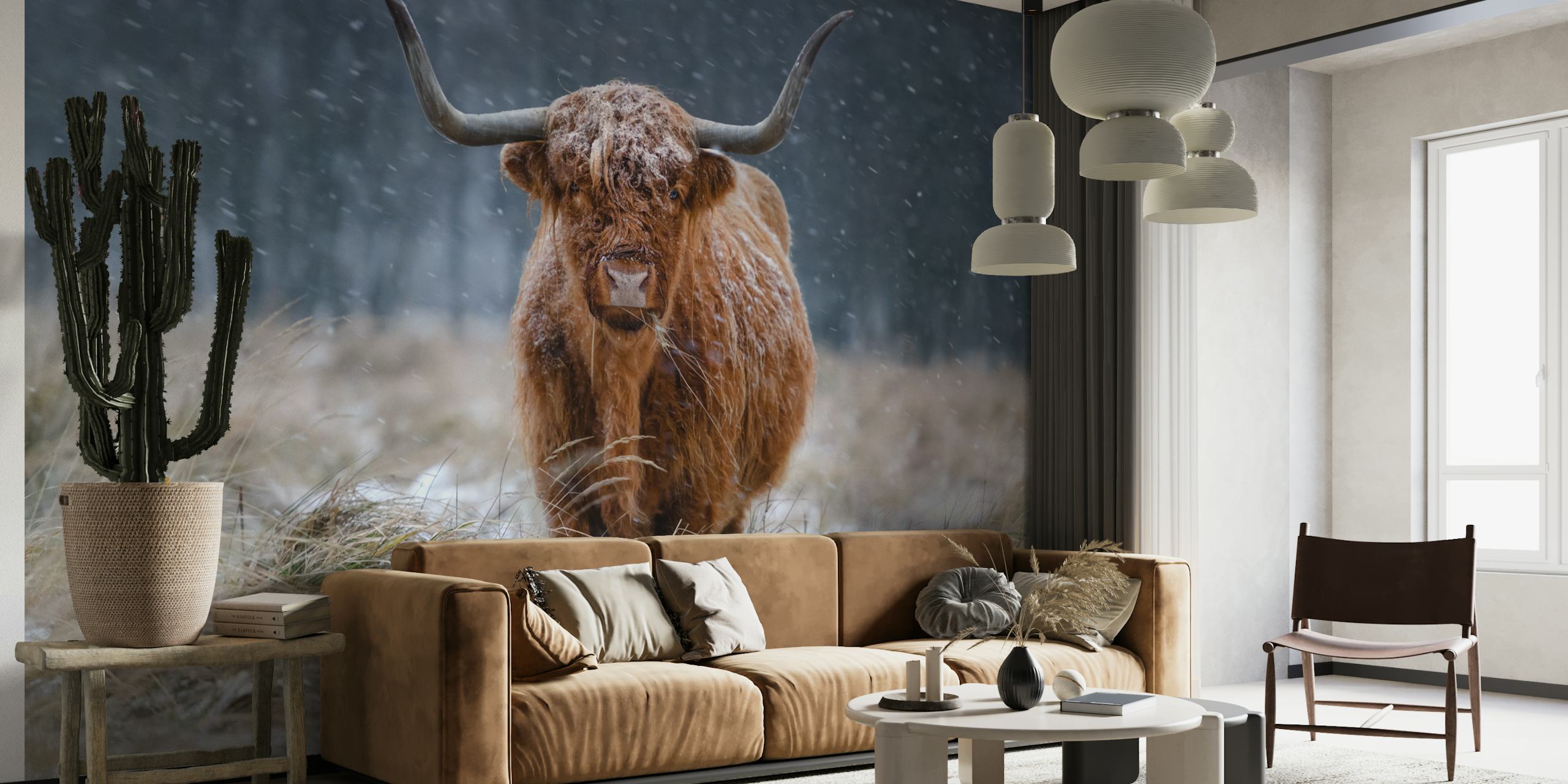 Tapeta Snowy Highland cow w przytulnym otoczeniu