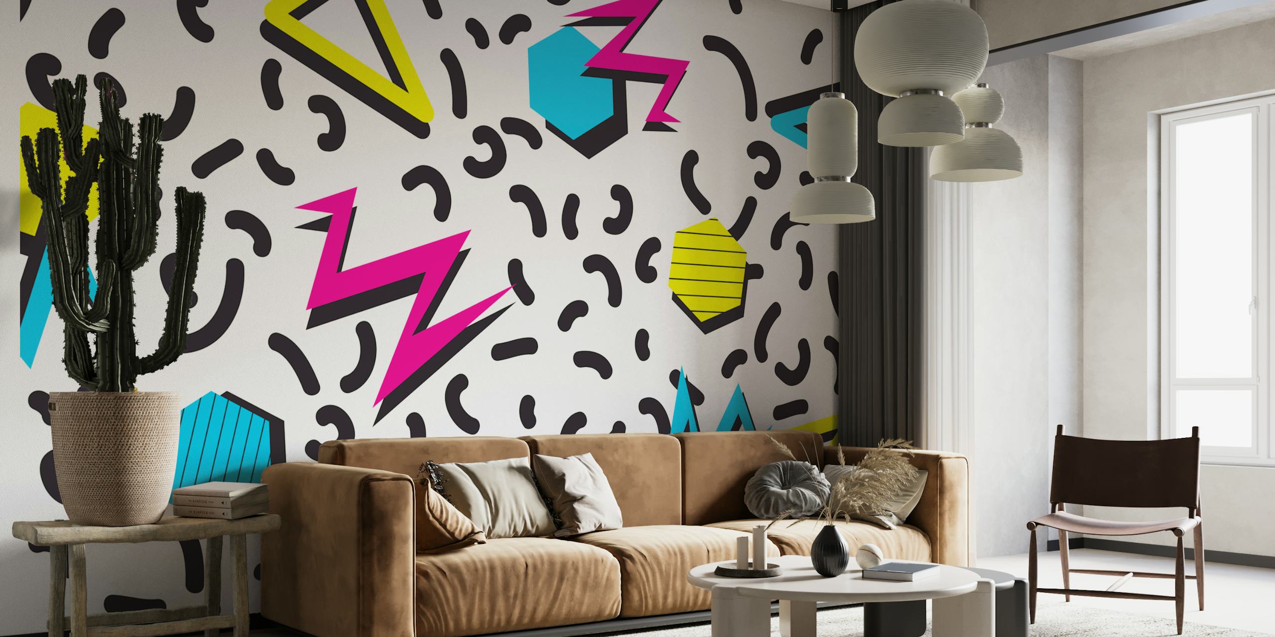 Trendy neonkleurige geometrische vormen en doodles muurschildering