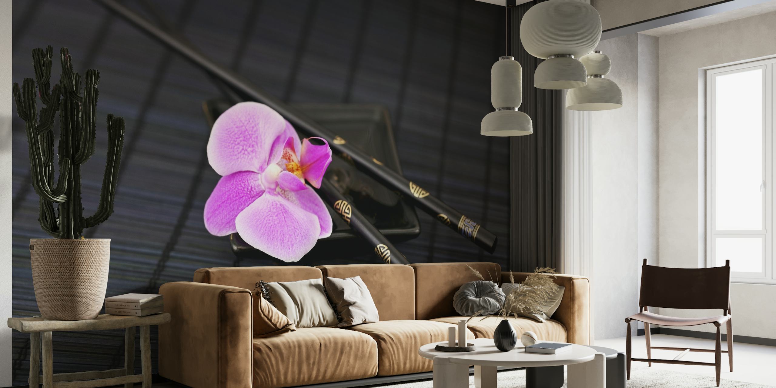 Pink Orchid Still Life On Black tapeta