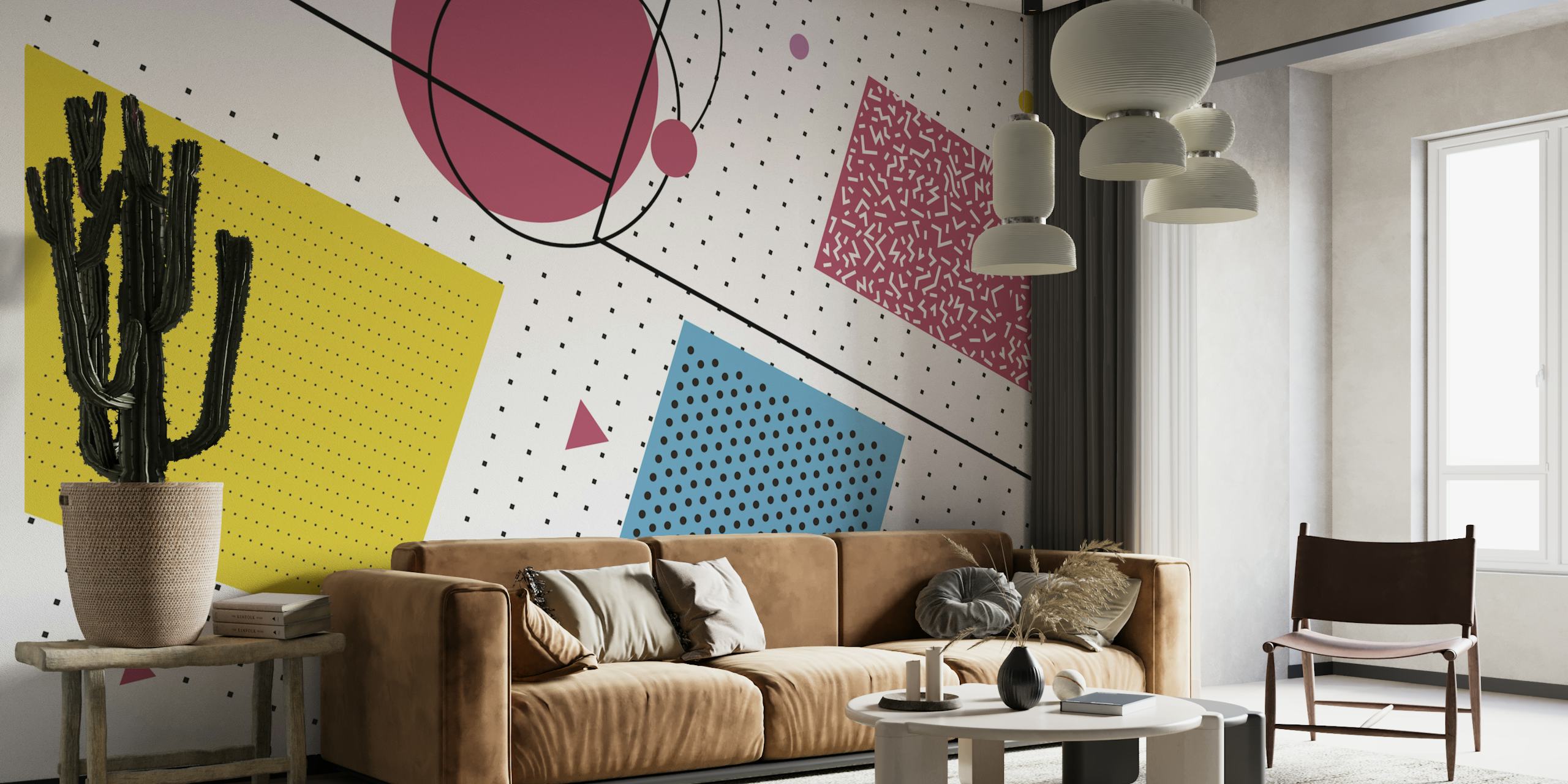 Vintage geometry pop art dots wallpaper in a room