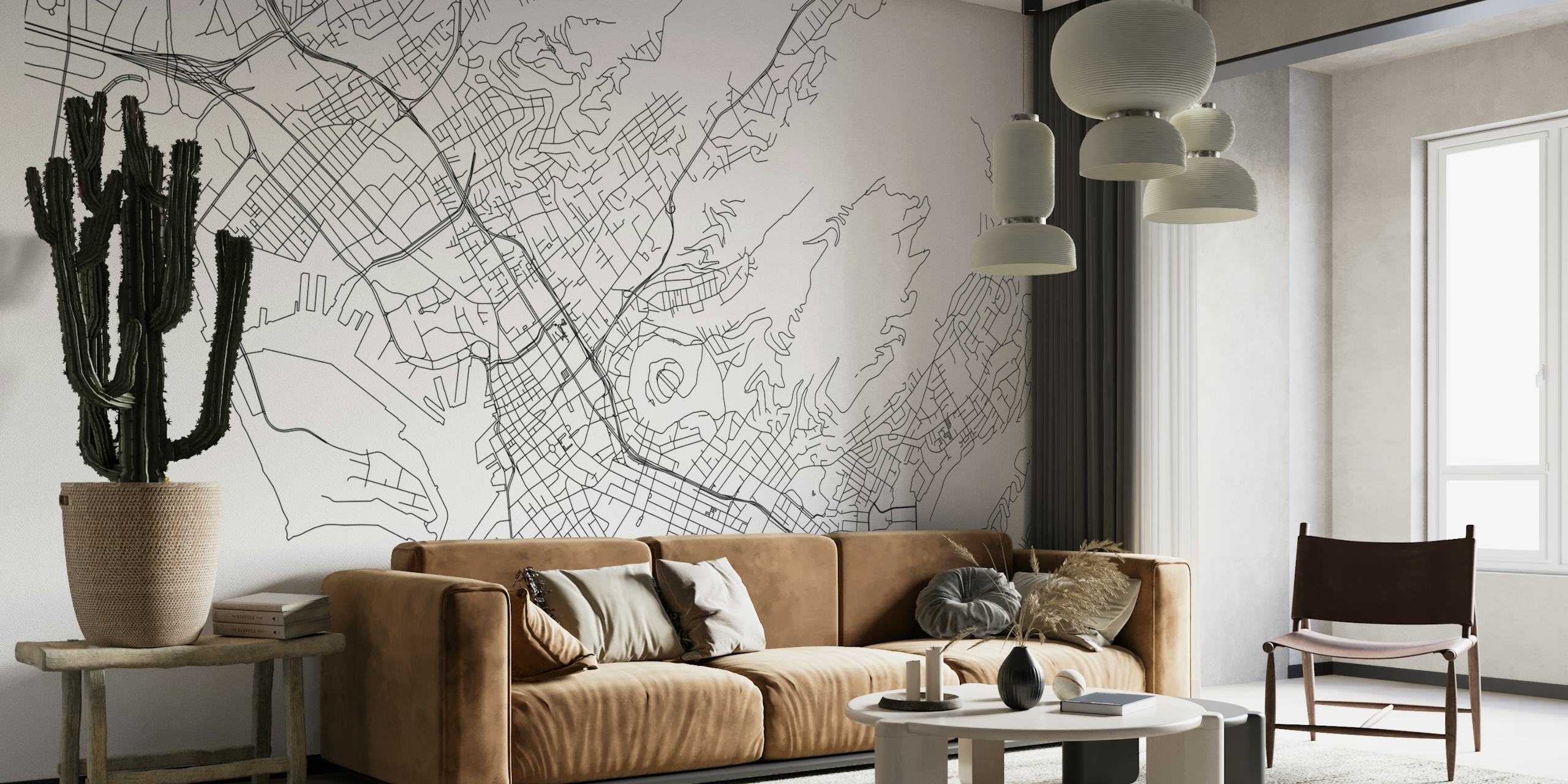 Black and white detailed street map wall mural of Honolulu