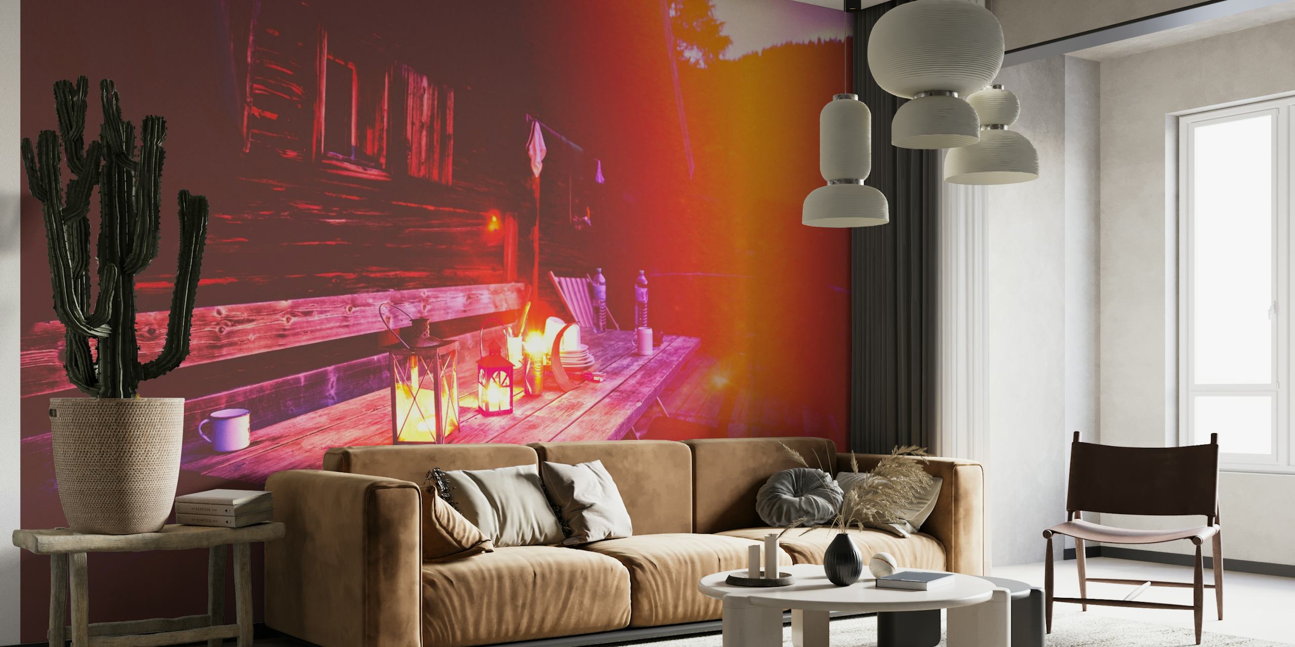Wall mural of a serene lakeside house during sunset with warm amber tones