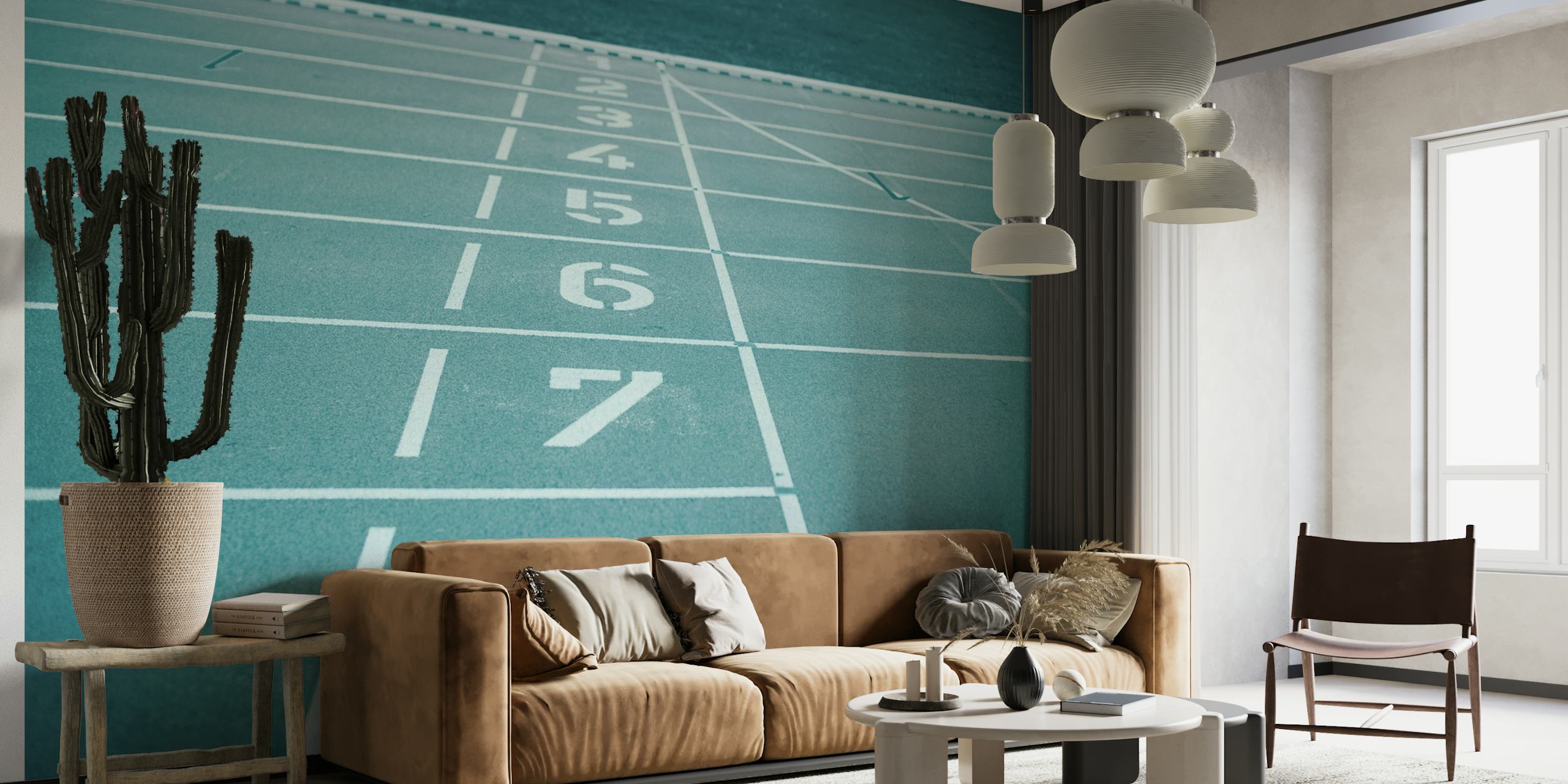 Retro vintage wall mural of a sports stadium track with faded numbers and lines