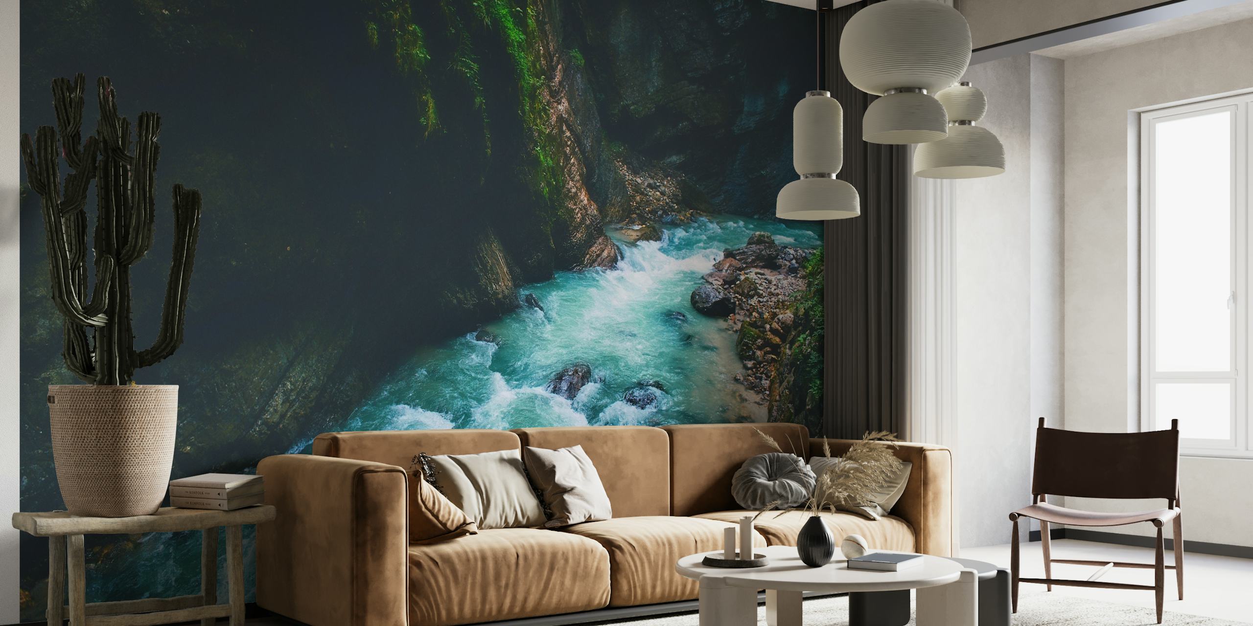 Mystic Water wall mural featuring a serene river flow with lush greenery