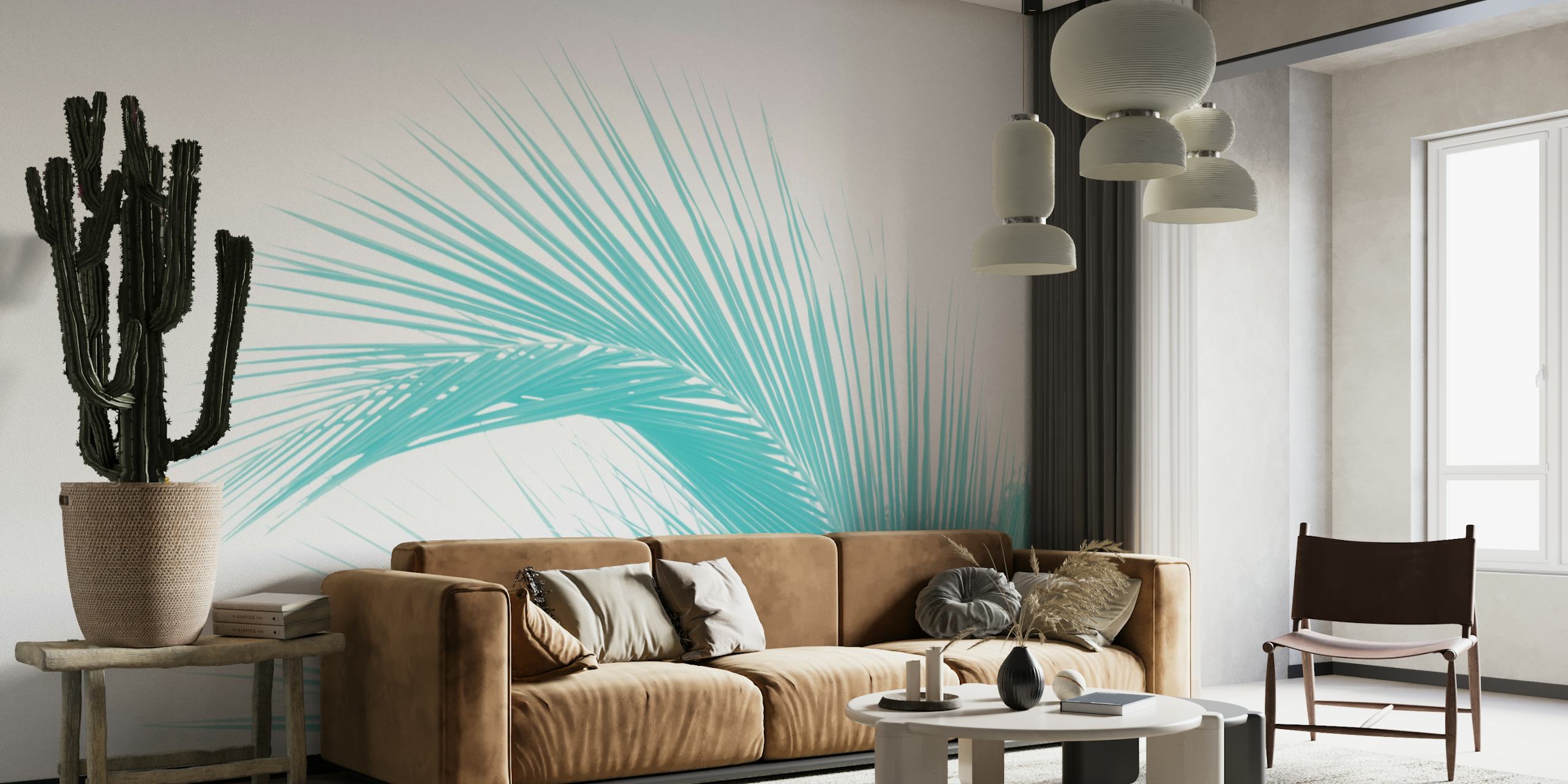 Aqua blue palm leaves on white background wallpaper