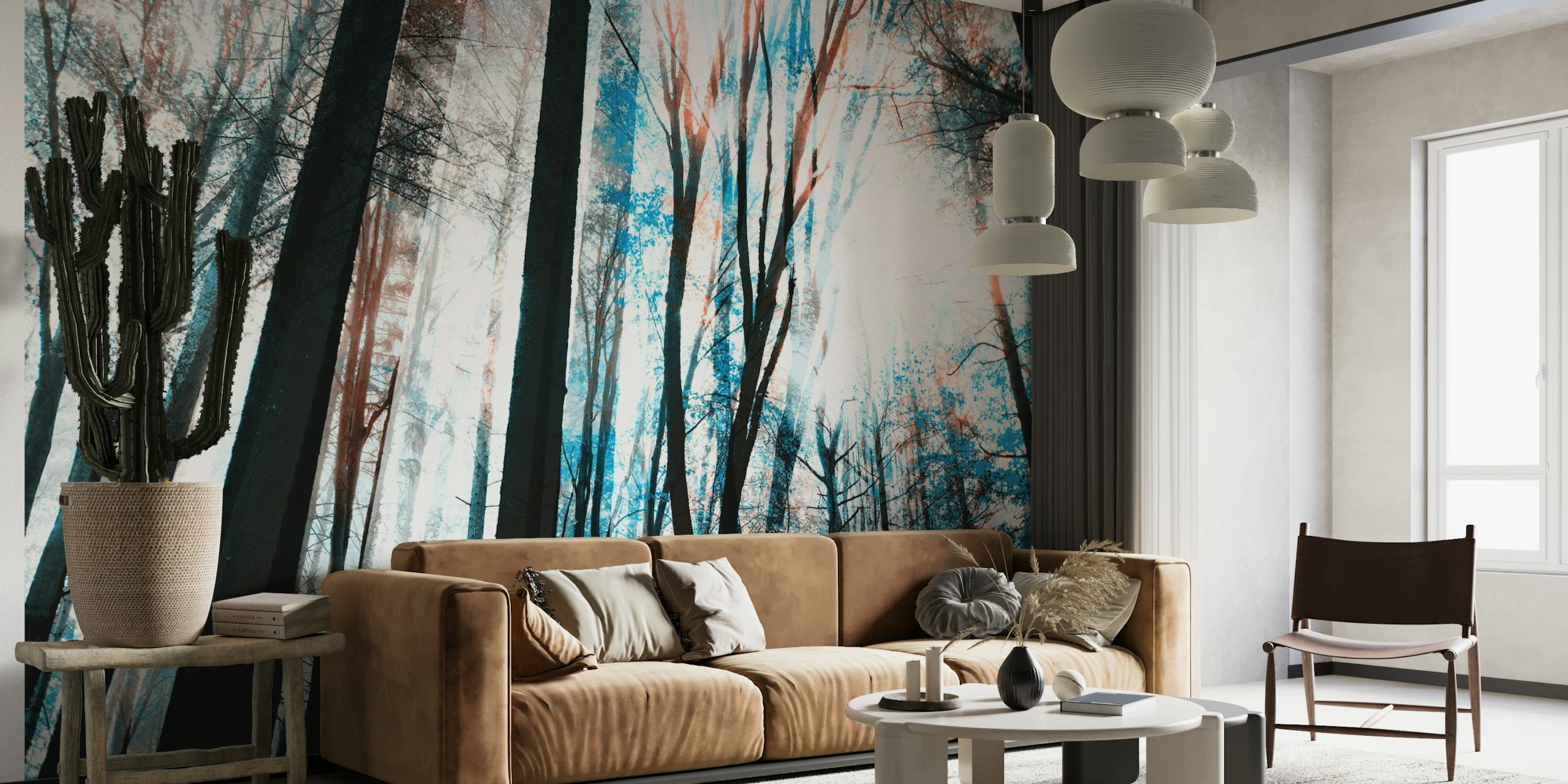 Whimsical forest wall mural with tall trees and ethereal lighting