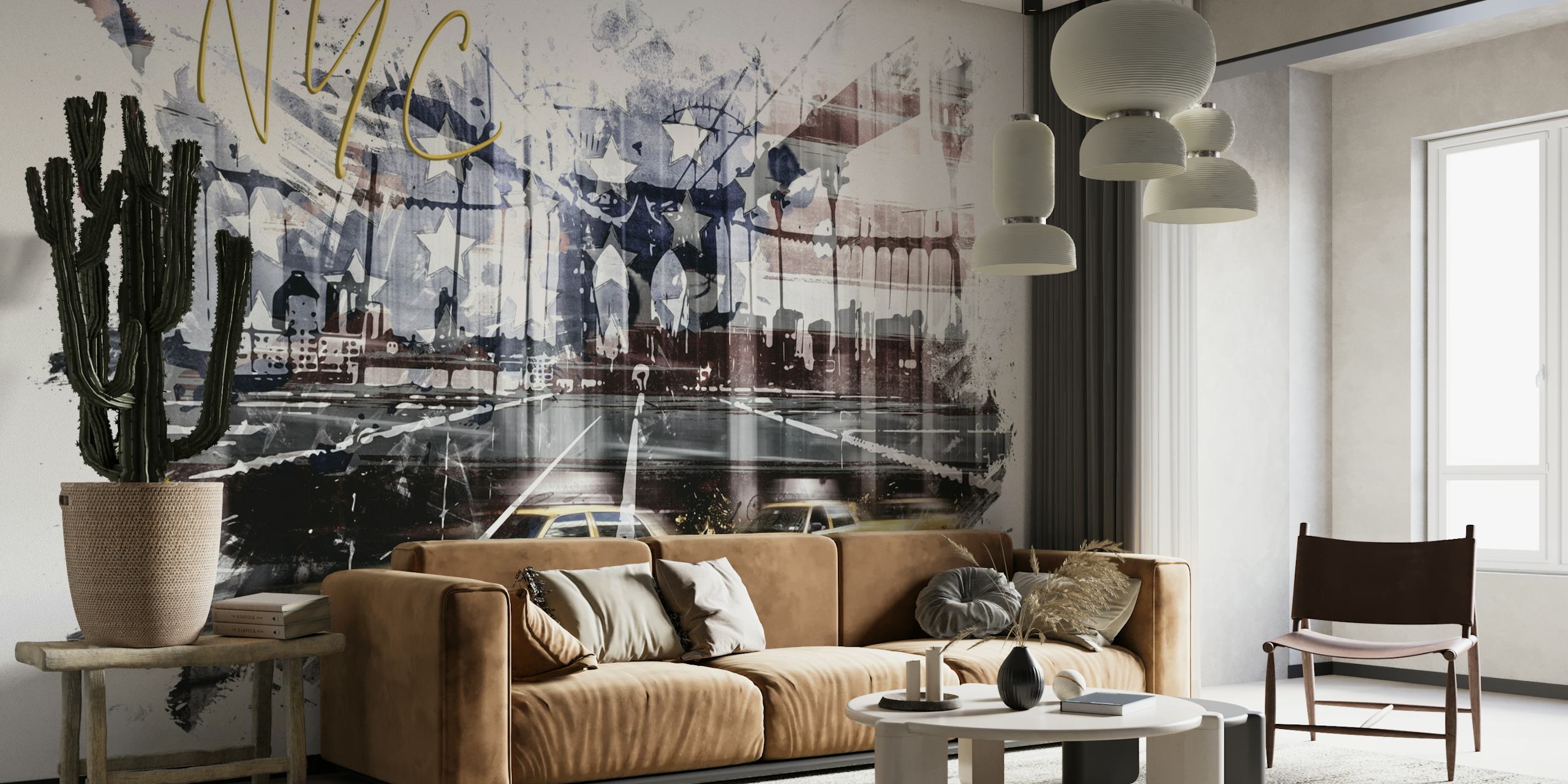 Abstract New York City skyline wall mural with artistic splashes and yellow taxi highlights