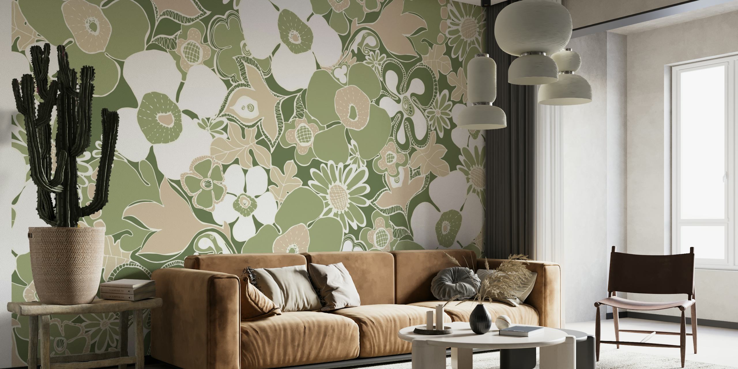 Floral Doodles in Green Beige papel de parede