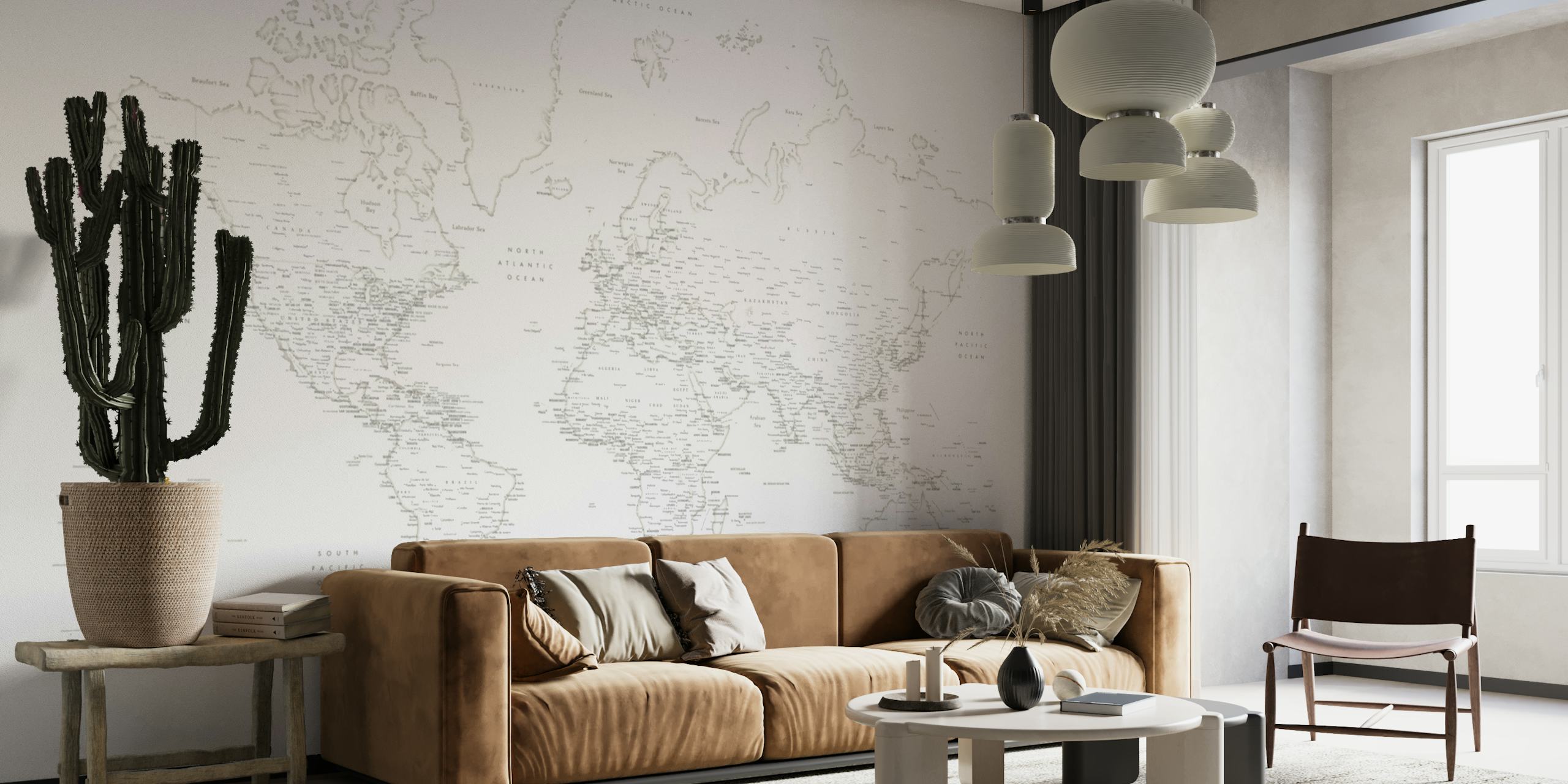 Komplizierte, liniengezeichnete, detaillierte Weltkarte-Maeli-W-Wandmalerei