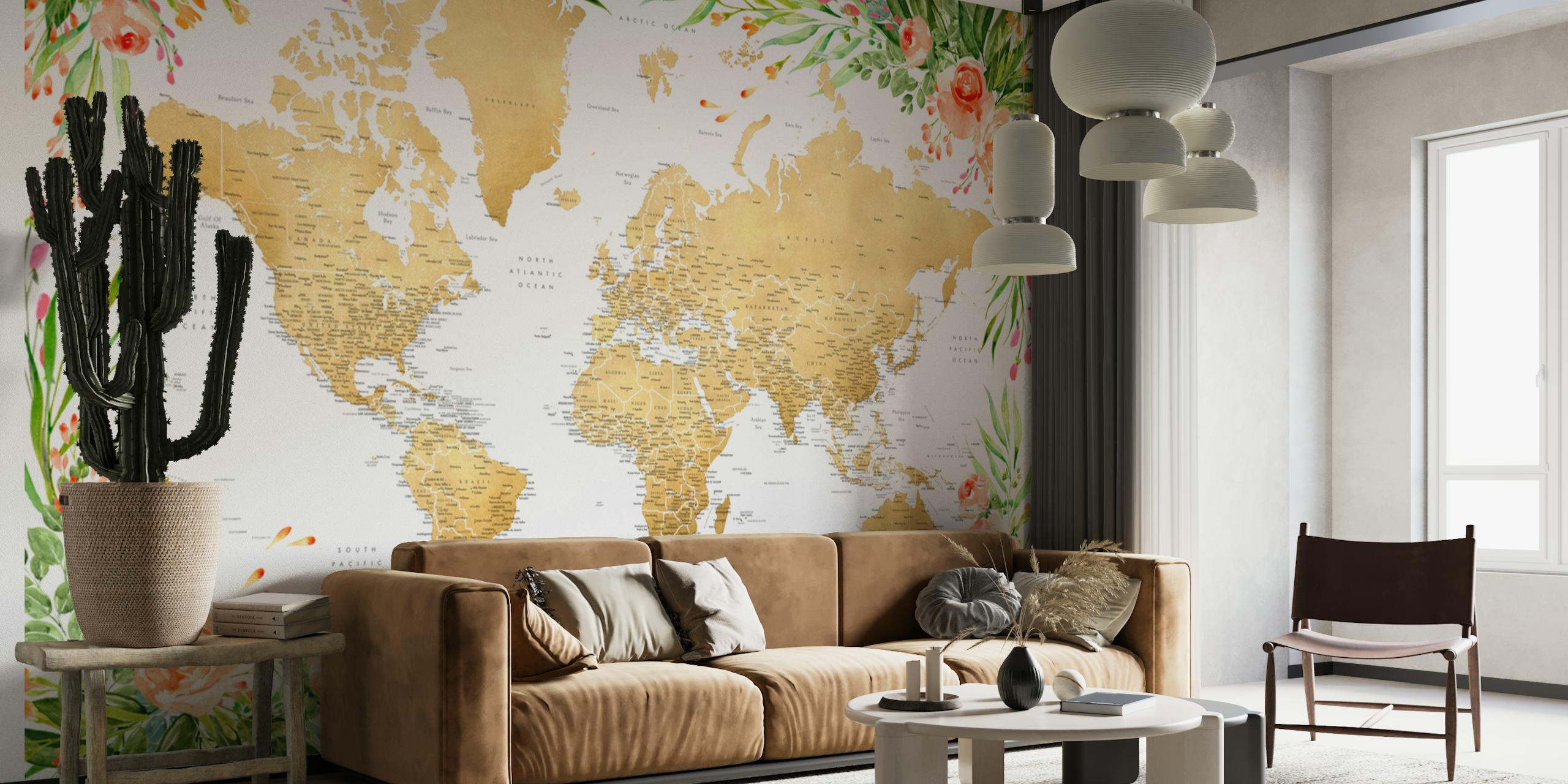 World map adorned with colorful floral patterns and golden accents wallpaper
